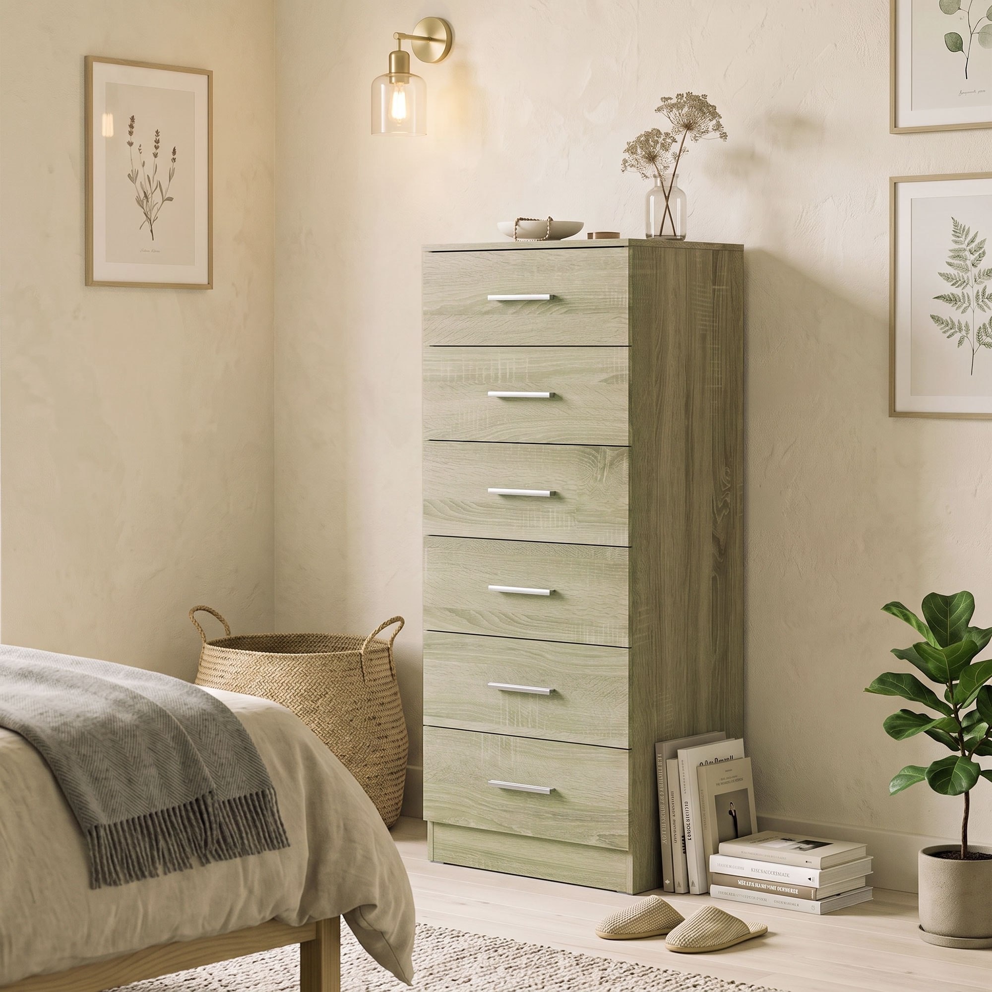 HOMCOM Kommode 6 Schubladen, kompakter Aufbewahrungsschrank, Modernes Design, Kommode für Schlafzimmer, Diele, Flur, 40 x 40 x 110 cm, Eiche Aosom – Bild 2 von 2