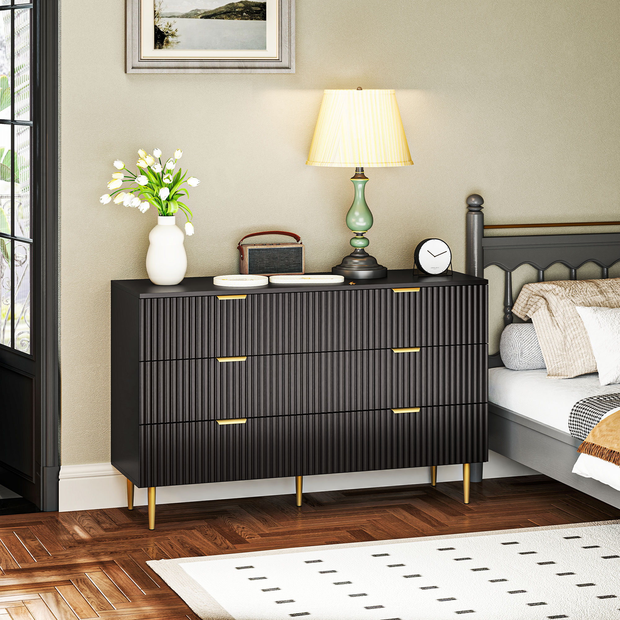 HOMCOM Kommode 6 Schubladen Schlafzimmer-Kommode Aufbewahrungsmöbel modern mit Griffen und goldenen Beinen, für Schlafzimmer, Wohnzimmer, Maße: 120 x 40 x 76,5  – Bild 2 von 2