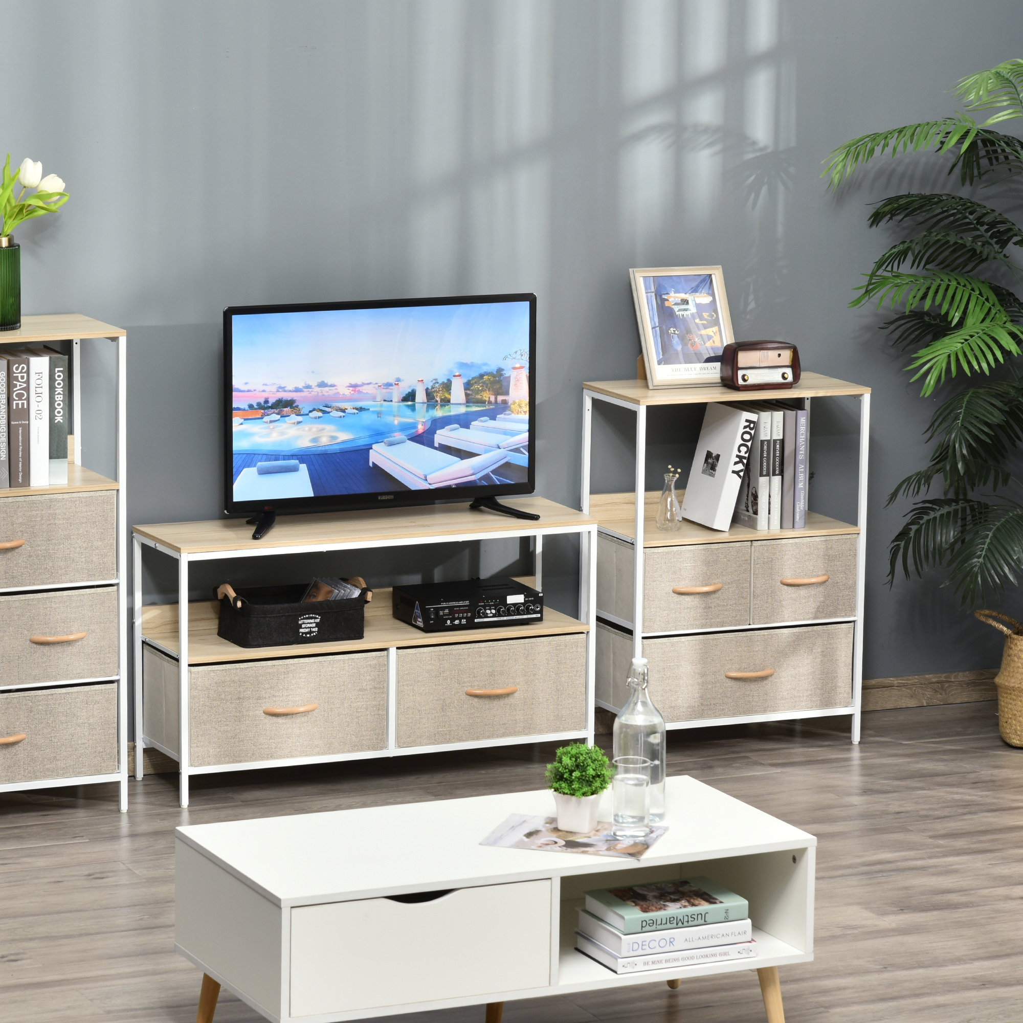 HOMCOM Kommode Aufbewahrungsmöbel mit 3 Stoffschubladen, Regal und oberem Tablett, kleines Beistellmöbel - 58L x 29B x 81,5H cm - natur und weißes Metall Aosom – Bild 2 von 2