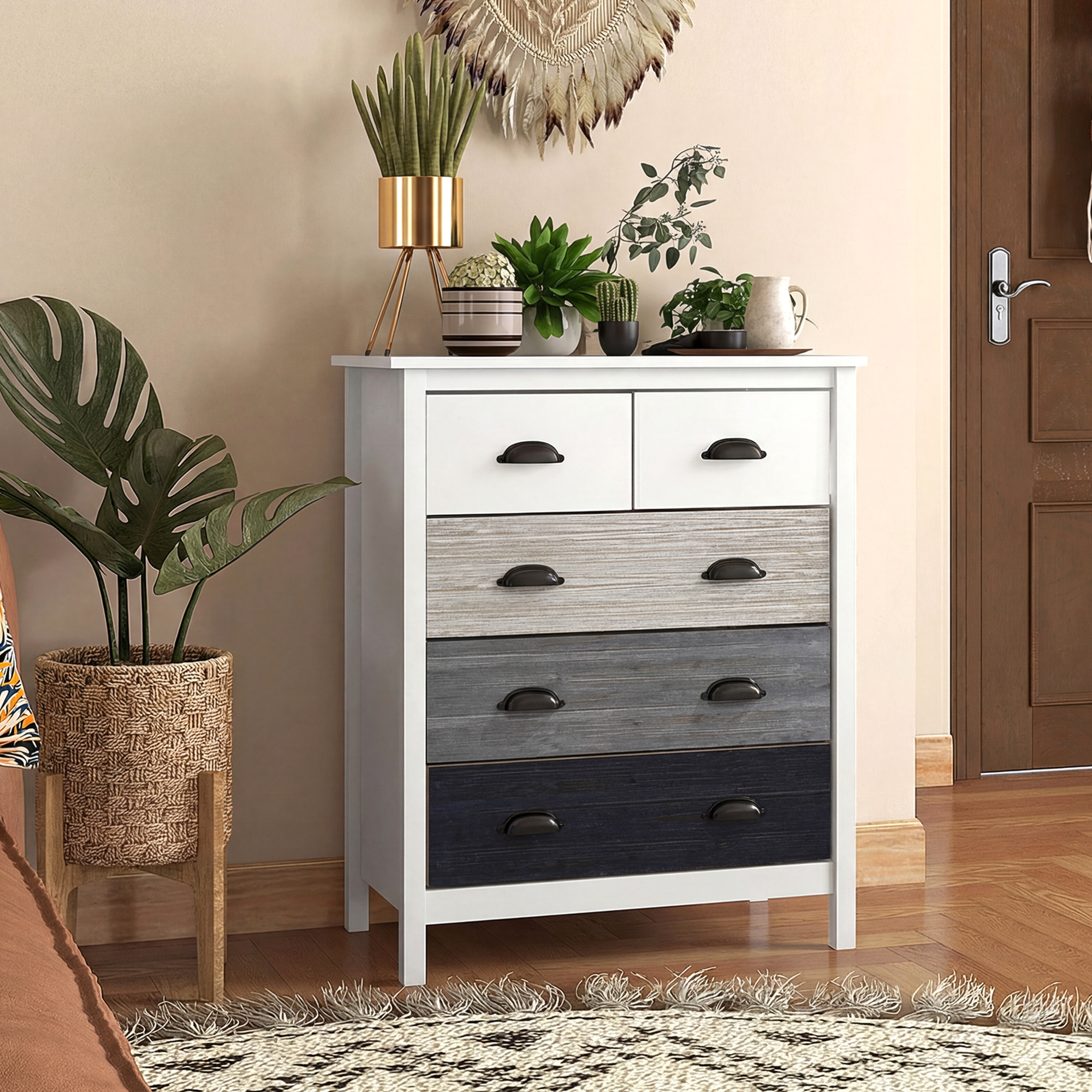 HOMCOM Kommode Aufbewahrungsschrank mit 5 Schubladen Kippschutz für Schlafzimmer Wohnzimmer in Weiß 70x38x85cm Aosom.de – Bild 2 von 2