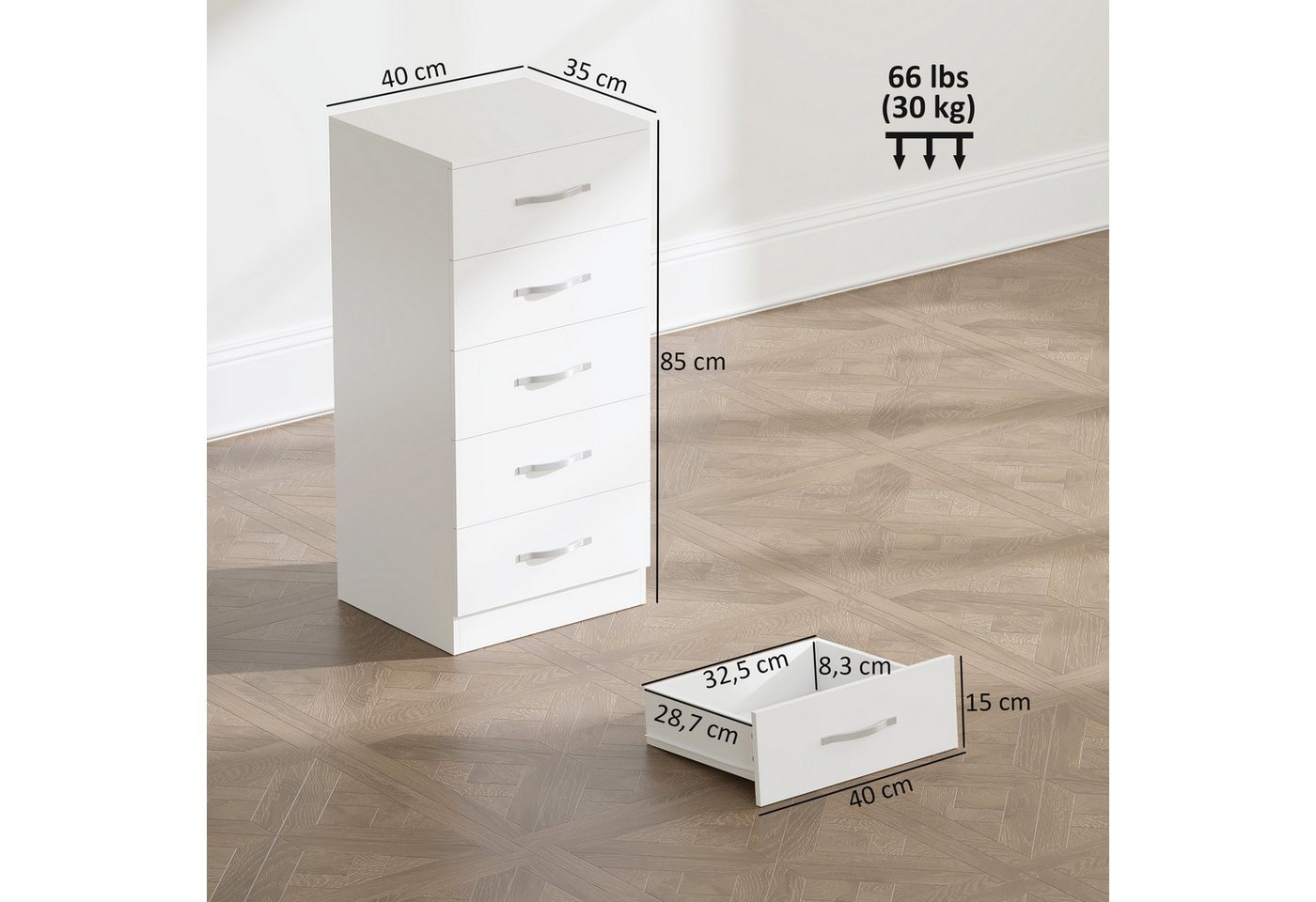 HOMCOM Kommode Aufbewahrungsschrank mit 5 Schubladen Kommodenschrank Flur (Schubladenschrank, 1 St., Sideboard), für Wohnzimmer, Schlafzimmer, Weiß – Bild 3 von 5