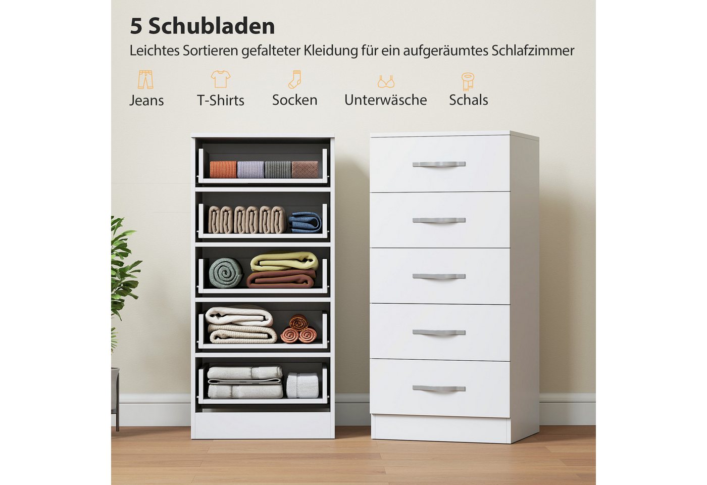 HOMCOM Kommode Aufbewahrungsschrank mit 5 Schubladen Kommodenschrank Flur (Schubladenschrank, 1 St., Sideboard), für Wohnzimmer, Schlafzimmer, Weiß – Bild 4 von 5