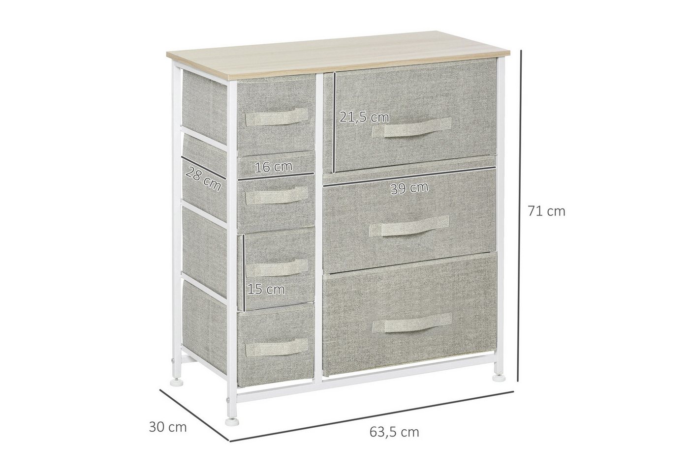 HOMCOM Kommode Aufbewahrungsschrank mit Griffen,Metallgestell,Aufbewahrungskommode (Stoffschubladen, 1 St., Schubladenschrank), Hellgrau 63,5 x 30 x 71 cm – Bild 3 von 5