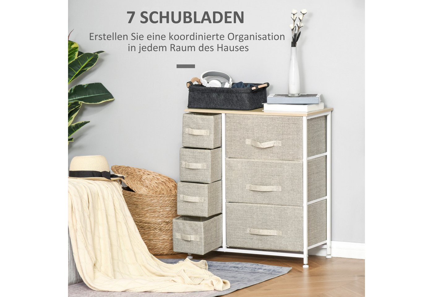 HOMCOM Kommode Aufbewahrungsschrank mit Griffen,Metallgestell,Aufbewahrungskommode (Stoffschubladen, 1 St., Schubladenschrank), Hellgrau 63,5 x 30 x 71 cm – Bild 4 von 5