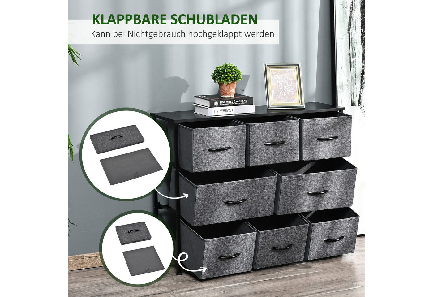 HOMCOM Kommode Aufbewahrungsschrank mit Griffen und Metallgestell, Schrank (Sideboard, 1 St., Kommodenschrank), für Schlafzimmer, Wohnzimmer Dunkelgrau – Bild 4 von 5