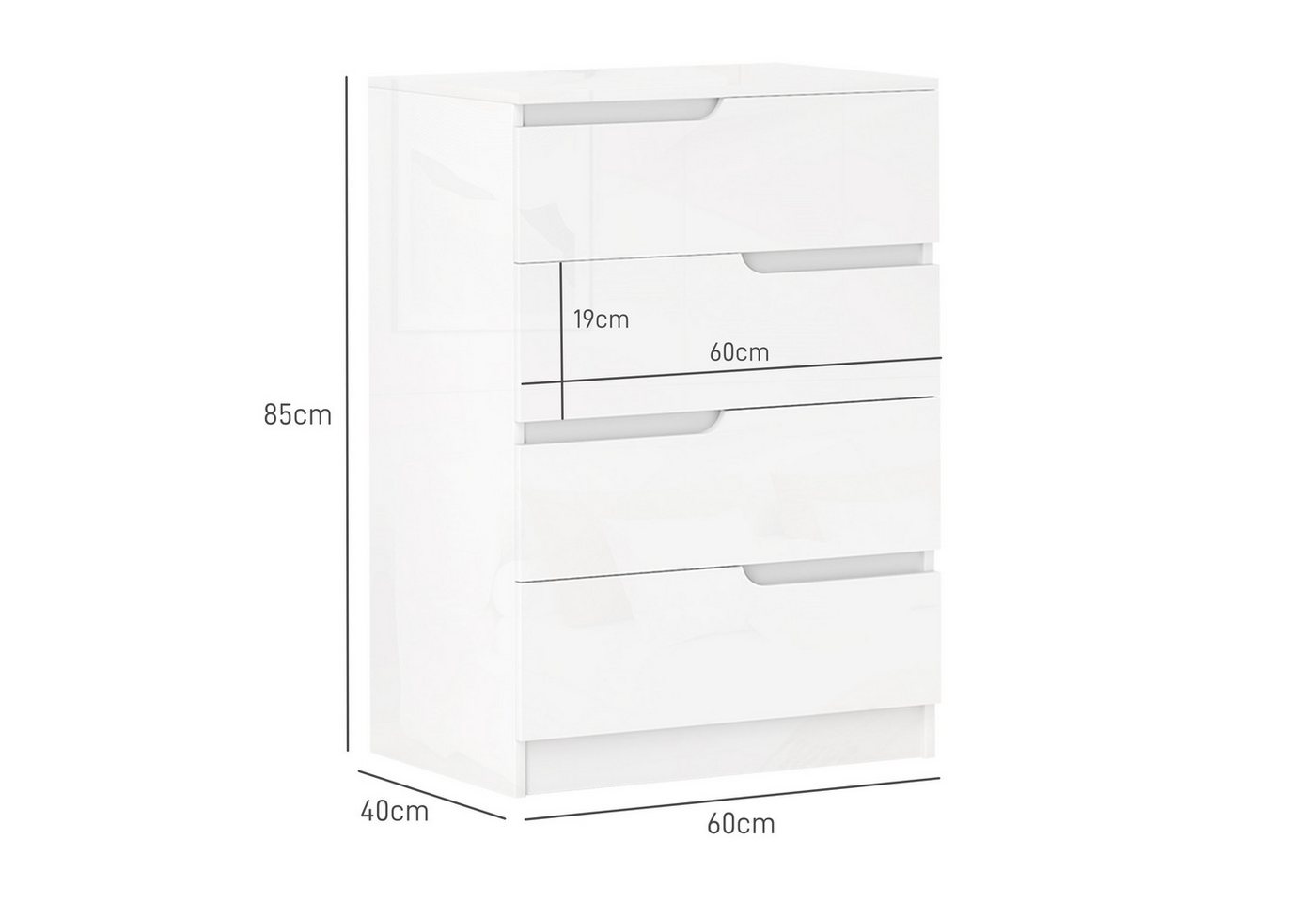 HOMCOM Kommode Beistellschrank mit 4 Schubladen, Kommode für Wohnzimmer (Schubladenkommode, 1 St., Beistellschrank), für Wohnzimmer, Schlafzimmer, Hochglanzweiß – Bild 3 von 5