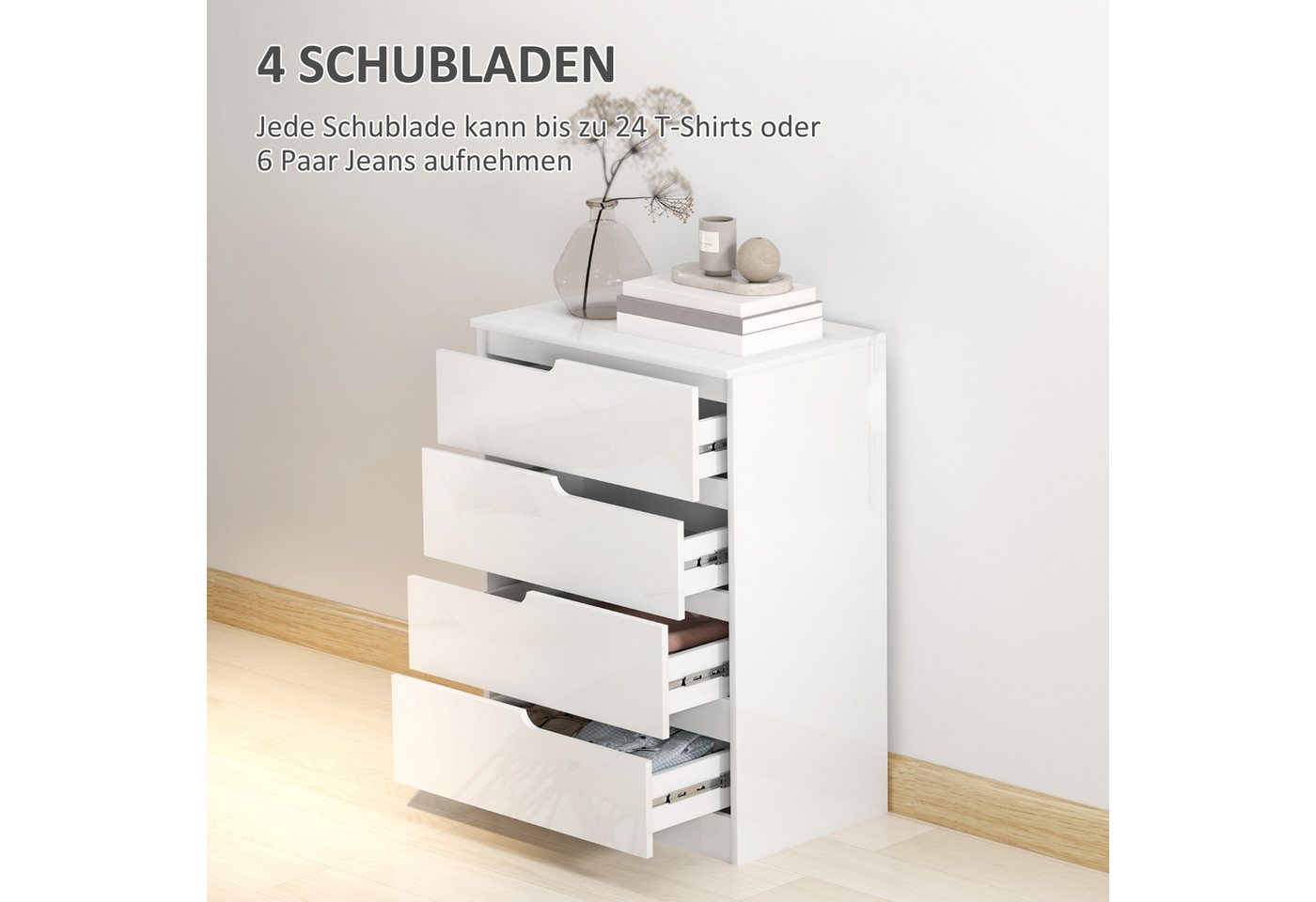 HOMCOM Kommode Beistellschrank mit 4 Schubladen, Kommode für Wohnzimmer (Schubladenkommode, 1 St., Beistellschrank), für Wohnzimmer, Schlafzimmer, Hochglanzweiß – Bild 4 von 5