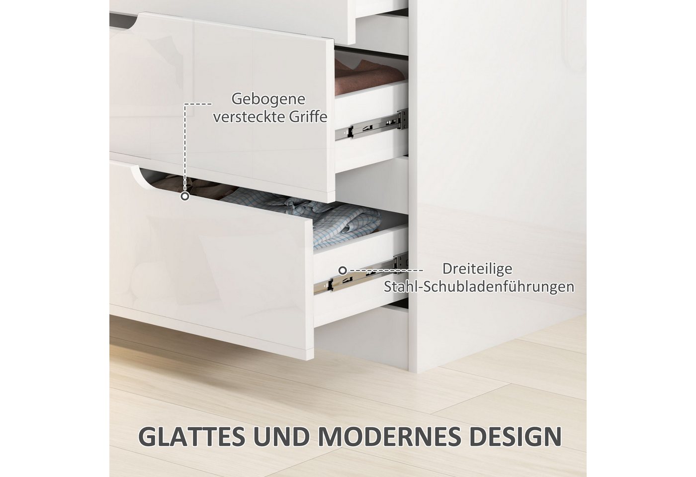 HOMCOM Kommode Beistellschrank mit 4 Schubladen, Kommode für Wohnzimmer (Schubladenkommode, 1 St., Beistellschrank), für Wohnzimmer, Schlafzimmer, Hochglanzweiß – Bild 5 von 5