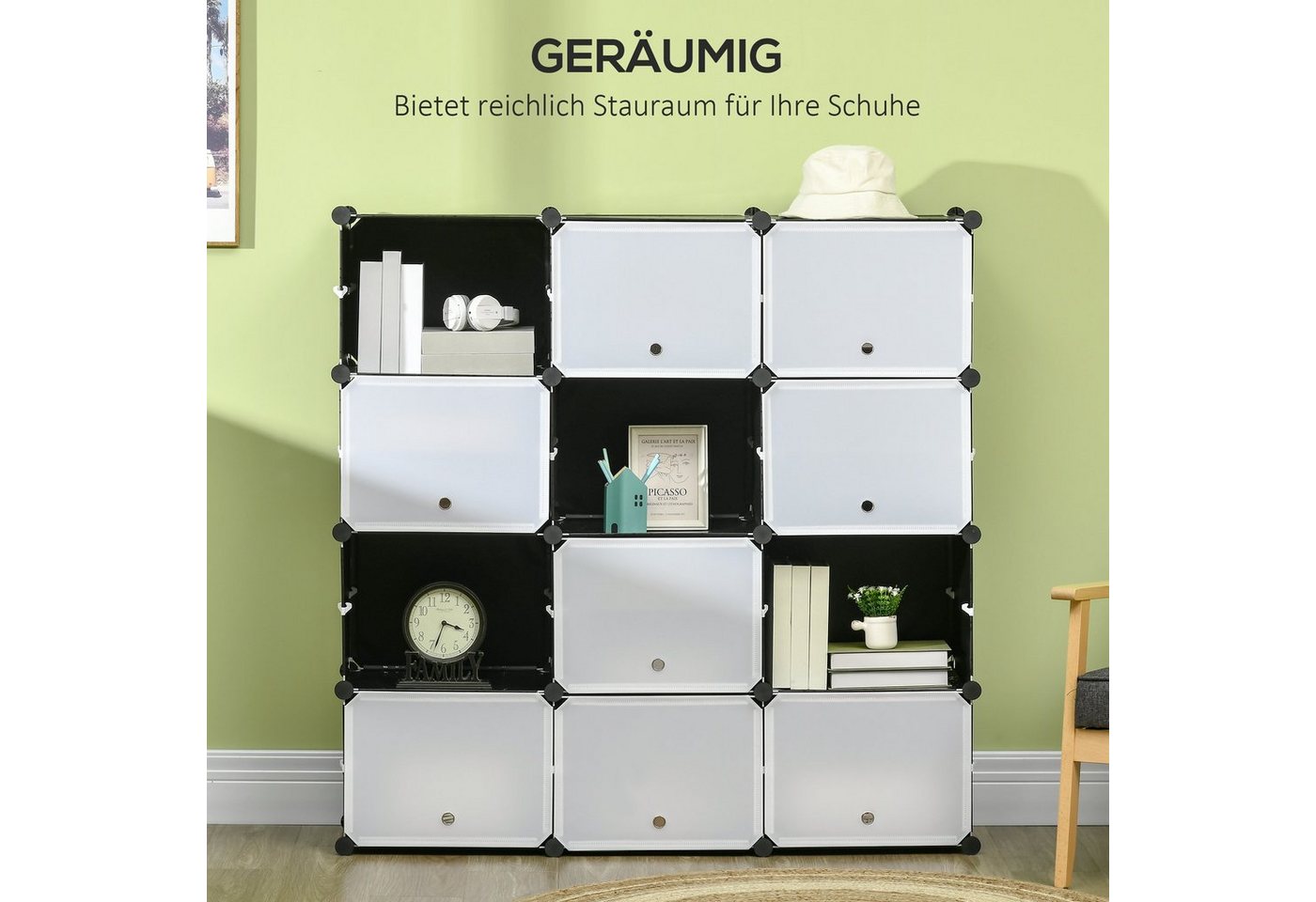 HOMCOM Kommode DIY Regalsystem mit 12 Würfeln (Aufbewahrungsregal, 148 St., DIY-Würfelregal), Kunststoff Stahl Schwarz+Weiß 125 x 32 x 125 cm – Bild 5 von 5