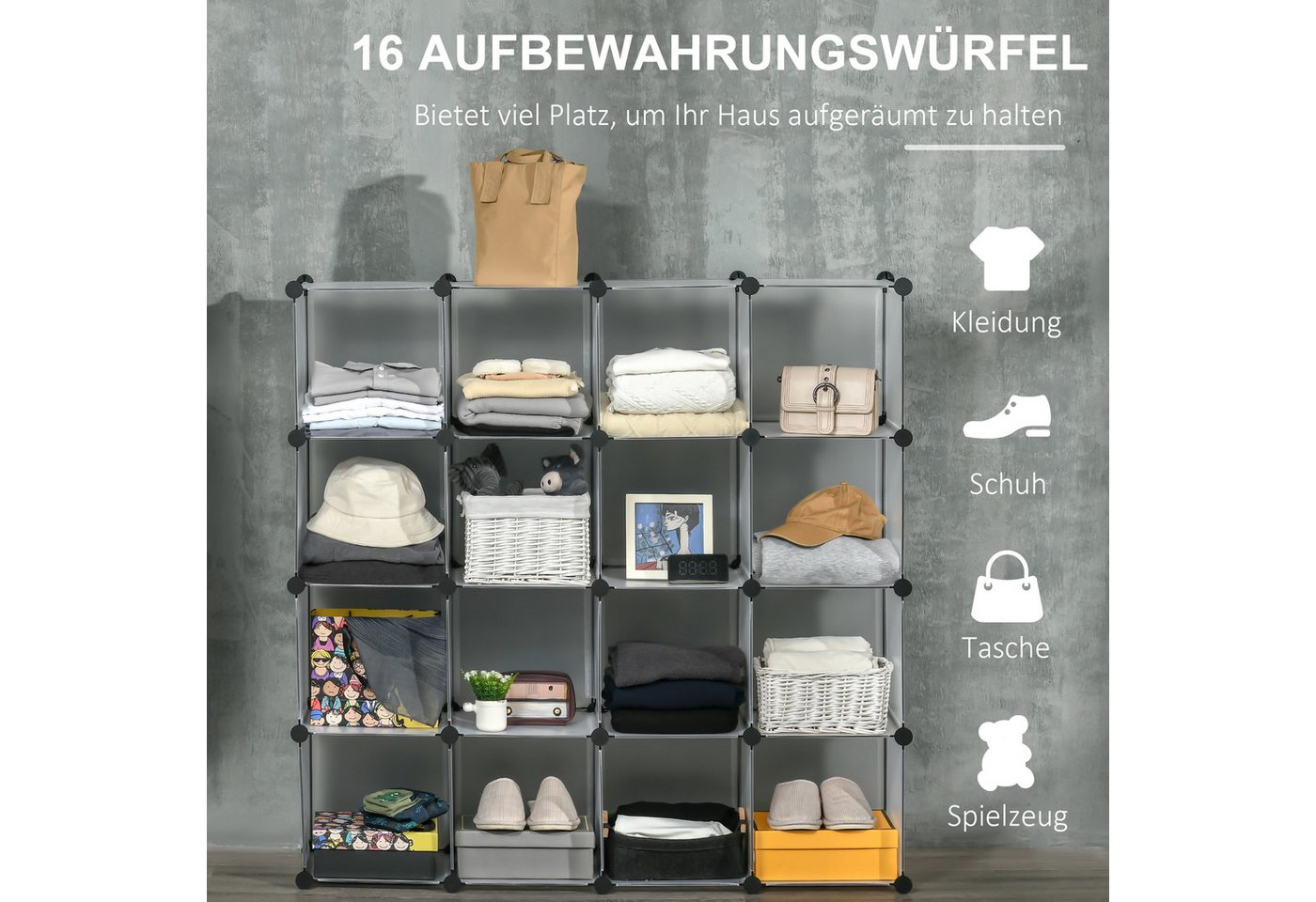 HOMCOM Kommode DIY Regalsystem stapelbar von Büchern Spielzeug Schuhen (Aufbewahrungsregal, 1 St., DIY-Würfelregal), Kunststoff Stahl Weiß 125 x 32 x 125 cm – Bild 4 von 5