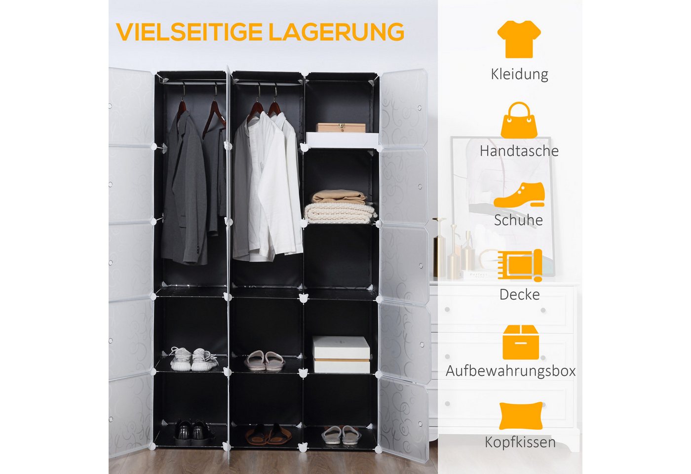 HOMCOM Kommode DIY Würfelregal, Schuhregal, Aufbewahrungsregal für Bücher Spielzeug (Aufbewahrungsschrank, 1 St., Kleiderschrank), Schwarz+Weiß 111 x 47 x 183 c – Bild 4 von 5