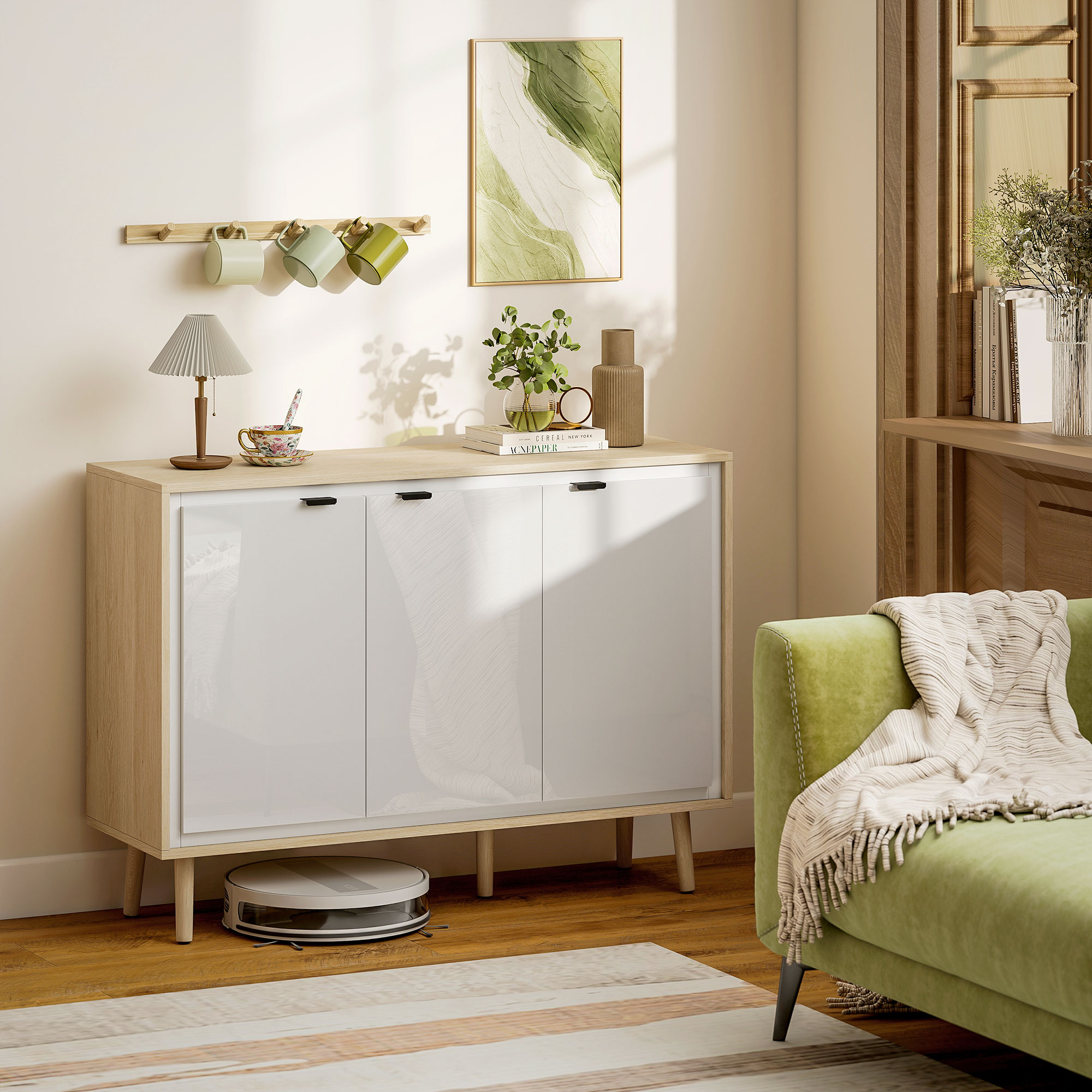 HOMCOM Kommode Küche mit 3 Türen, Modernes Küchenmöbel mit Verstellbarem Regal und Holzbeinen, Sideboard Buffet für Wohnzimmer, Esszimmer und Wohnzimmer, 107x35 – Bild 2 von 2