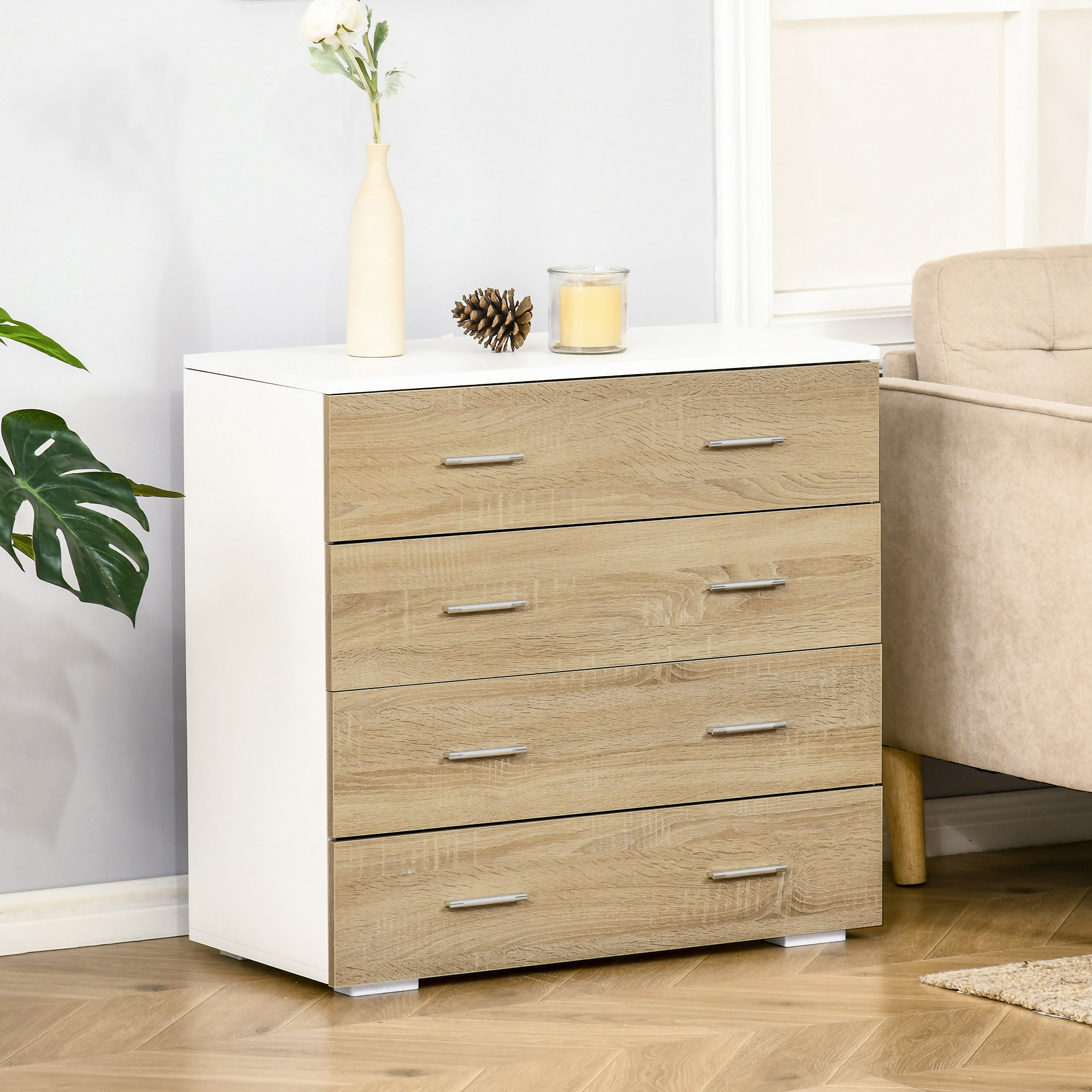 HOMCOM Kommode mit 4 Schubladen Badezimmerschrank Schubladenschrank für Schlafzimmer Wohnzimmer Eiche Weiß 76x35x72 cm Aosom – Bild 2 von 2
