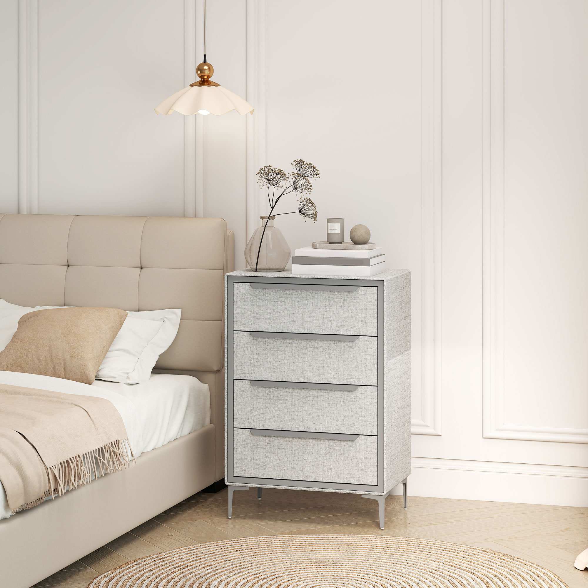HOMCOM Kommode mit 4 Schubladen in Leinenoptik, elegante und moderne Schlafzimmerkommode mit Stahlgestell für Flur und Wohnzimmer, 60x36x88 cm, Grau Aosom – Bild 2 von 2