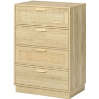 HOMCOM Kommode mit 4 Schubladen Schlafzimmer Aufbewahrungsschrank im Boheme-Stil mit Holzrahmen, Rattankommode für Schlafzimmer, Wohnzimmer, Flur, 60 x 38 x 88,