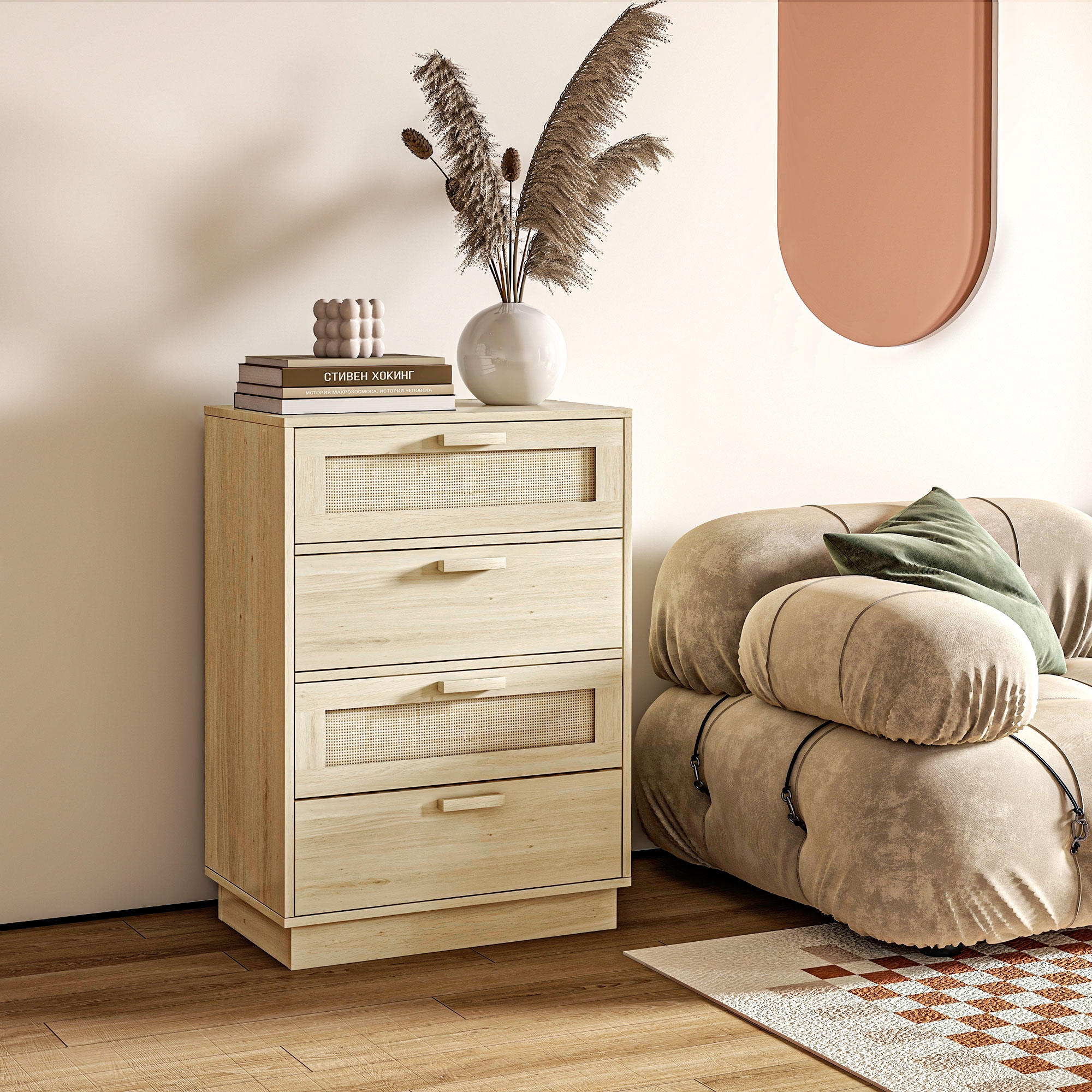 HOMCOM Kommode mit 4 Schubladen Schlafzimmer Aufbewahrungsschrank im Boheme-Stil mit Holzrahmen, Rattankommode für Schlafzimmer, Wohnzimmer, Flur, 60 x 38 x 88, – Bild 2 von 2