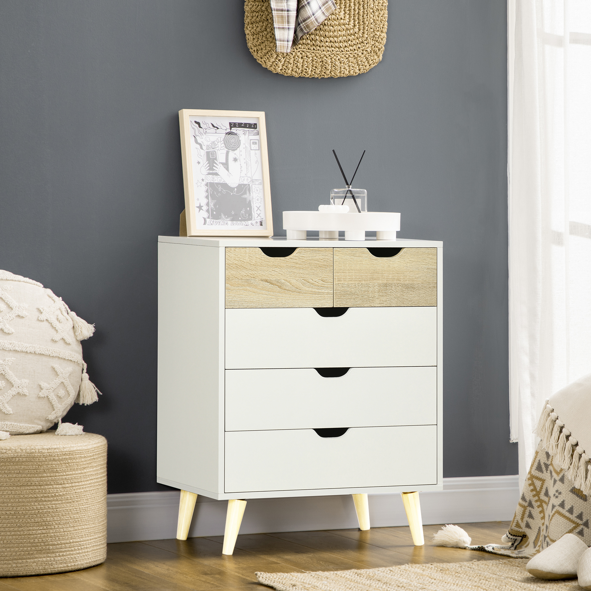 HOMCOM Kommode mit 5 Schubladen Beistellschrank Sideboard für Wohnzimmer Schlafzimmer, 60x40x77,5 cm, Weiß Hellbraun, elegantes Design aus Spanplatte Aosom.de – Bild 2 von 2