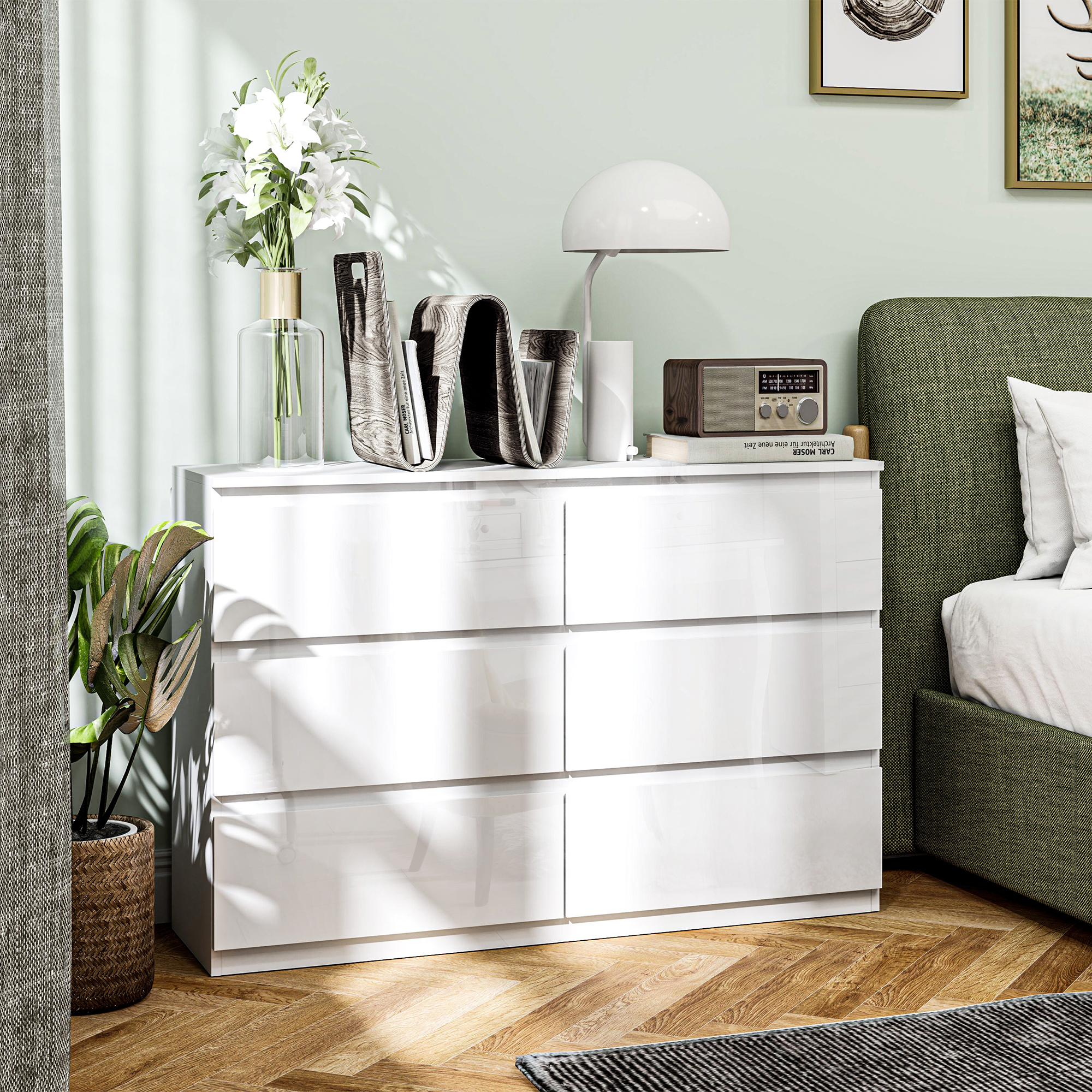 HOMCOM Kommode mit 6 Schubladen aus Holz, moderne und vielseitige Schlafzimmerkommode, 112x34x75 cm, Weiß Aosom – Bild 2 von 2