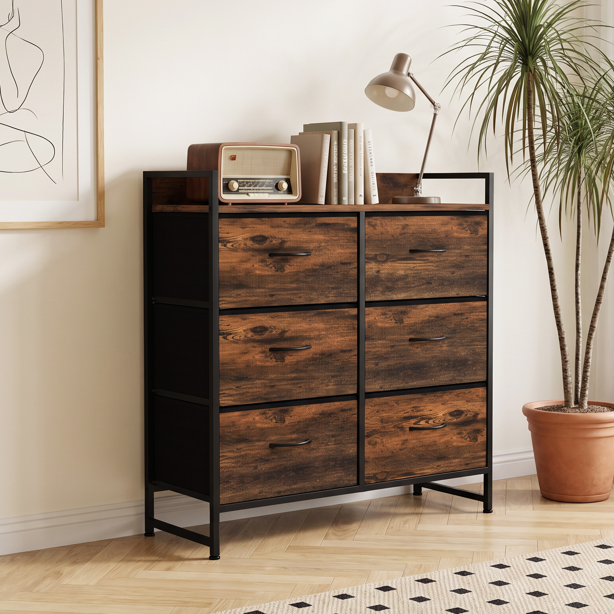 HOMCOM Kommode mit 6 Schubladen aus Stoff Aufbewahrungsschrank Kommodenschrank mit Holzoptik, Griffen, Stahlgestell, Industrie-Design Sideboard für Wohnzimmer R – Bild 2 von 2
