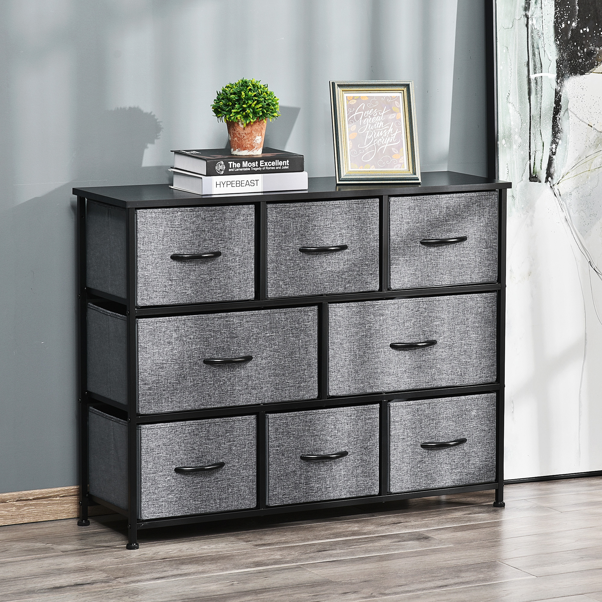 HOMCOM Kommode mit 8 Schubladen aus Stoff Aufbewahrungsschrank Kommodenschrank mit Griffen, Metallgestell, Modern-Design Schrank für Schlafzimmer, Wohnzimmer Du – Bild 2 von 2