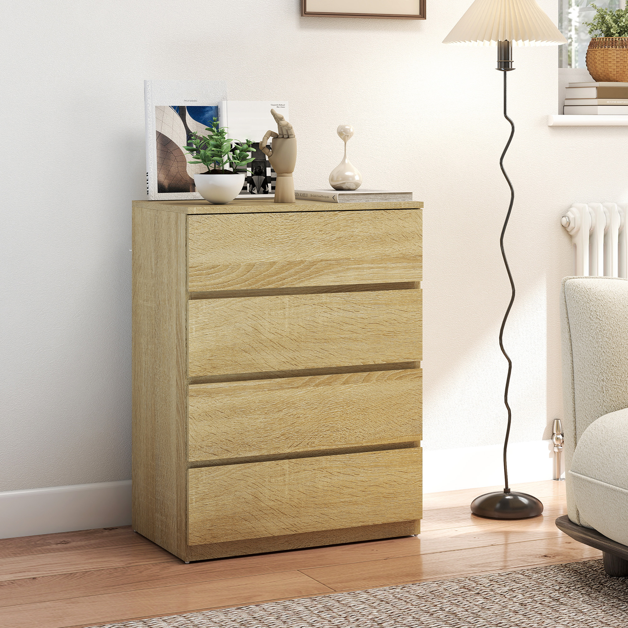 HOMCOM Kommode Schlafzimmer 4 Schubladen, Schlafzimmerkommode mit eingefrästen Griffen, platzsparende Kommode für Wohnzimmer und Flur, 60x40x80 cm, Holzton Aoso – Bild 2 von 2