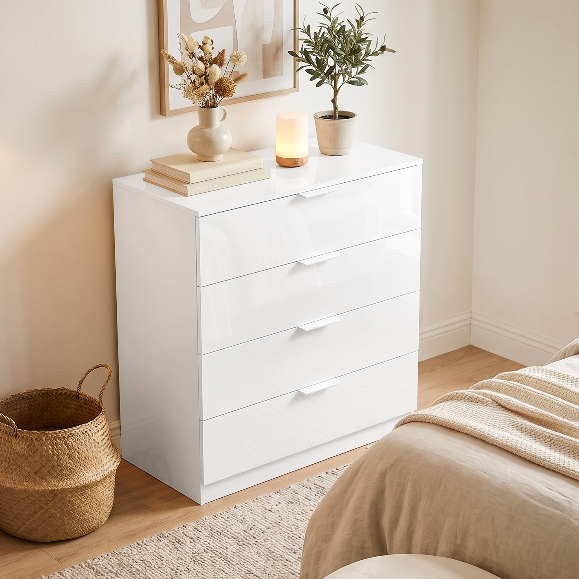 HOMCOM Kommode Schlafzimmer 4 Schubladen, moderne Schlafzimmerkommode mit eingelassenen Griffen, platzsparende Kommode für Flur Wohnzimmer Eingang, 70x34x79 cm, – Bild 2 von 2