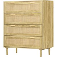 HOMCOM Kommode Schlafzimmer 4 Schubladen Aufbewahrungsmöbel mit Rattanflechtwerk im Bohème-Stil Maße 90 cm lang x 45 cm tief x 108,5 cm hoch Aspekt Naturholz Ao