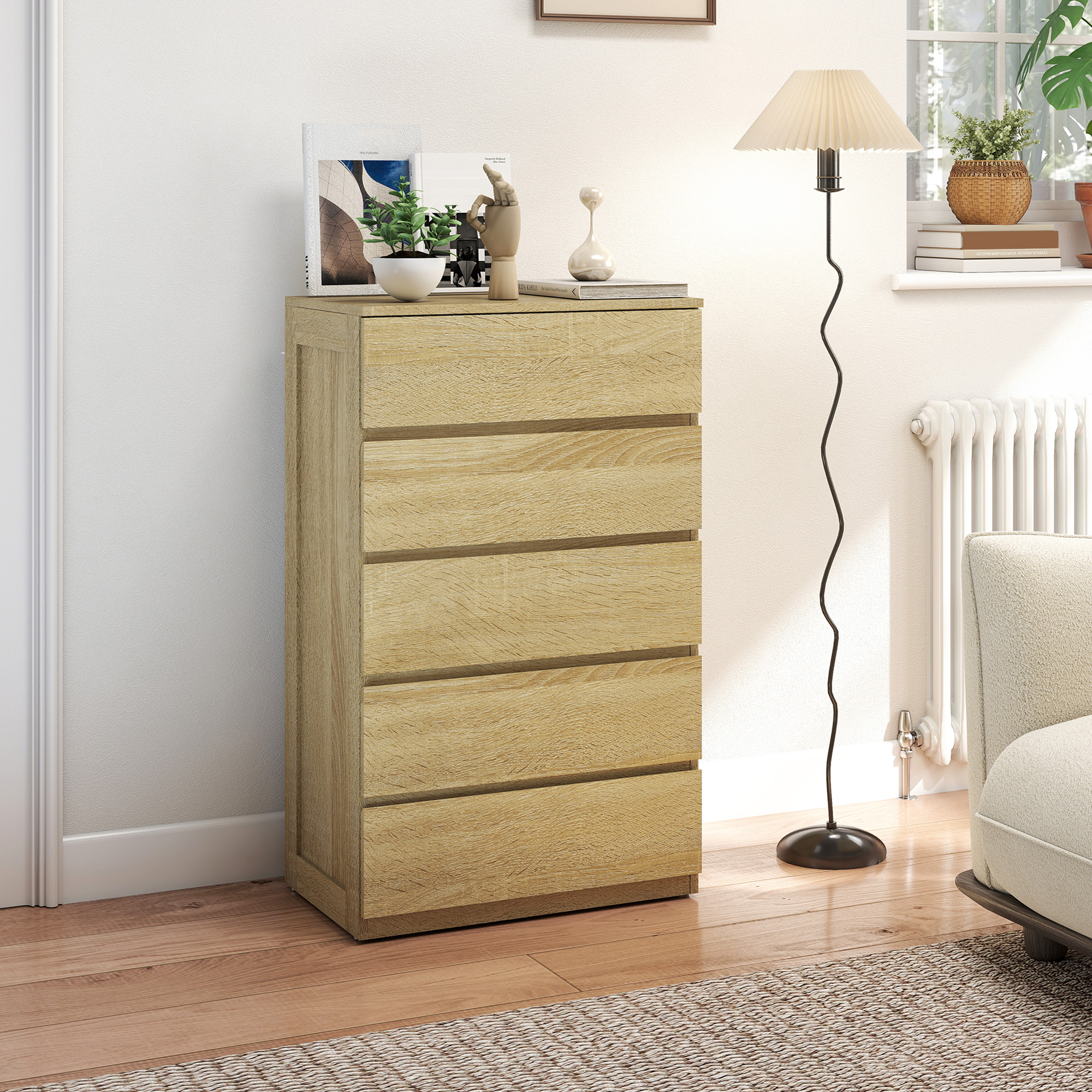 HOMCOM Kommode Schlafzimmer 5 Schubladen, Kommode mit eingefrästen Griffen, platzsparende Kommode für Wohnzimmer und Flur, 60x39x100 cm, Holzoptik Aosom – Bild 2 von 2