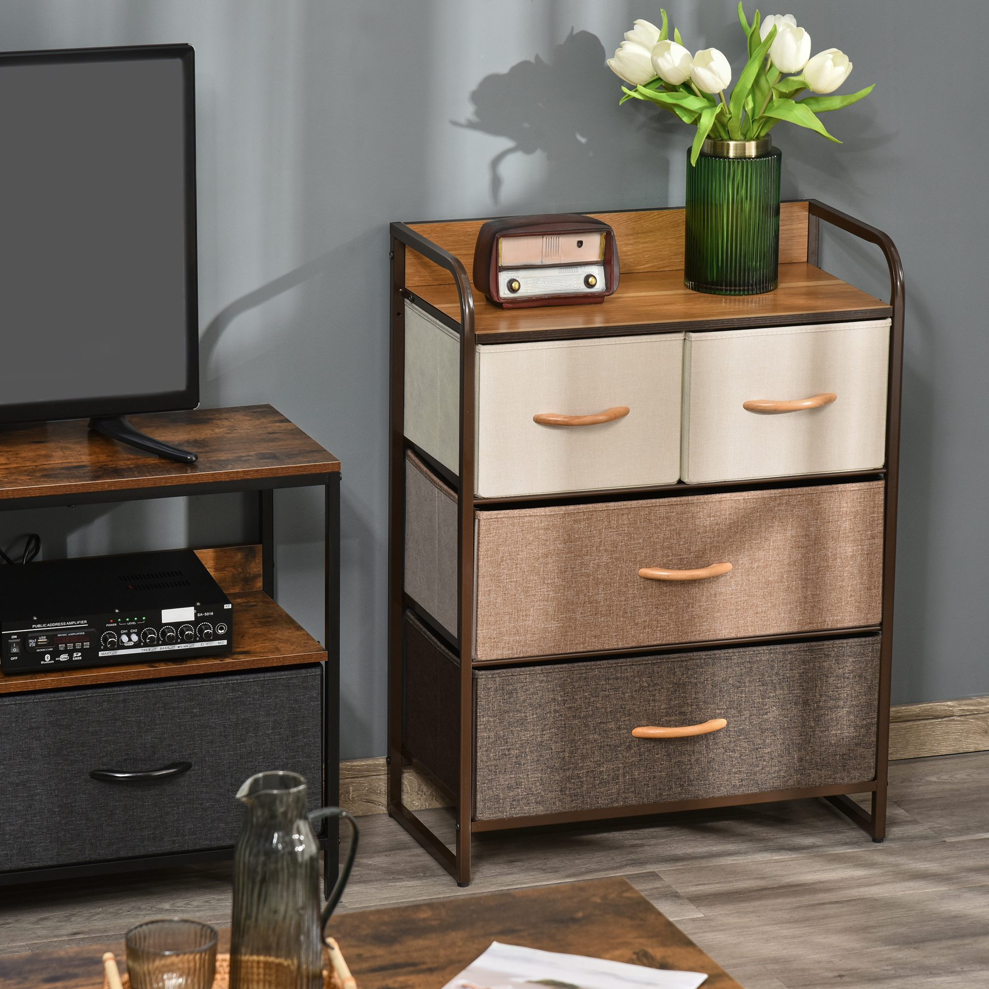 HOMCOM Kommode Schrank mit 4 Schubladen aus Leinen Aufbewahrungsschrank mit Metallrahmen Schubladenschrank für Schlafzimmer, Wohnzimmer, 58x29x78,5cm Aosom – Bild 2 von 2