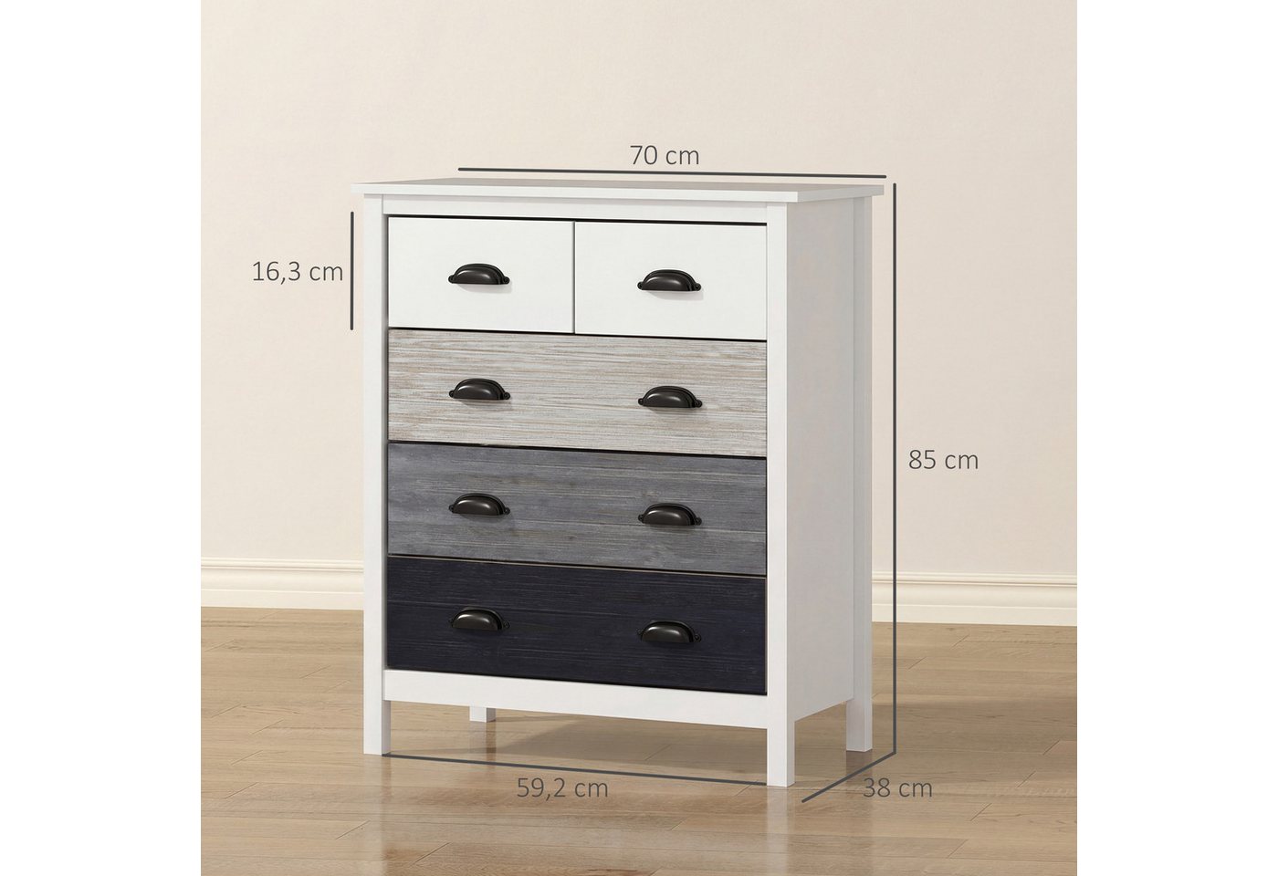 HOMCOM Kommode Schubladenschrank mit 5 Schubladen, Griff, Kippschutz (Schubladenschrank, 1 St., Aufbewahrungsschrank), für Schlafzimmer, Wohnzimmer, Weiß – Bild 3 von 5