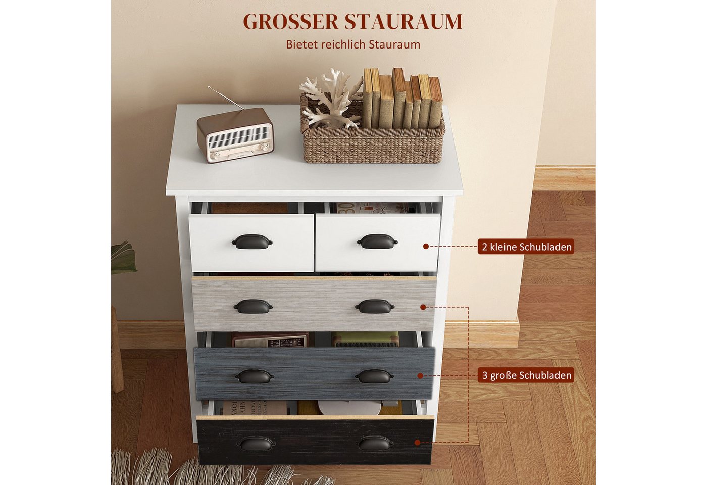 HOMCOM Kommode Schubladenschrank mit 5 Schubladen, Griff, Kippschutz (Schubladenschrank, 1 St., Aufbewahrungsschrank), für Schlafzimmer, Wohnzimmer, Weiß – Bild 4 von 5
