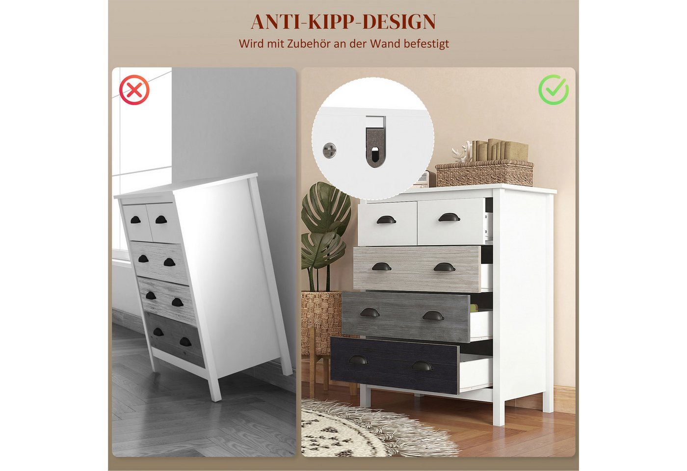 HOMCOM Kommode Schubladenschrank mit 5 Schubladen, Griff, Kippschutz (Schubladenschrank, 1 St., Aufbewahrungsschrank), für Schlafzimmer, Wohnzimmer, Weiß – Bild 5 von 5