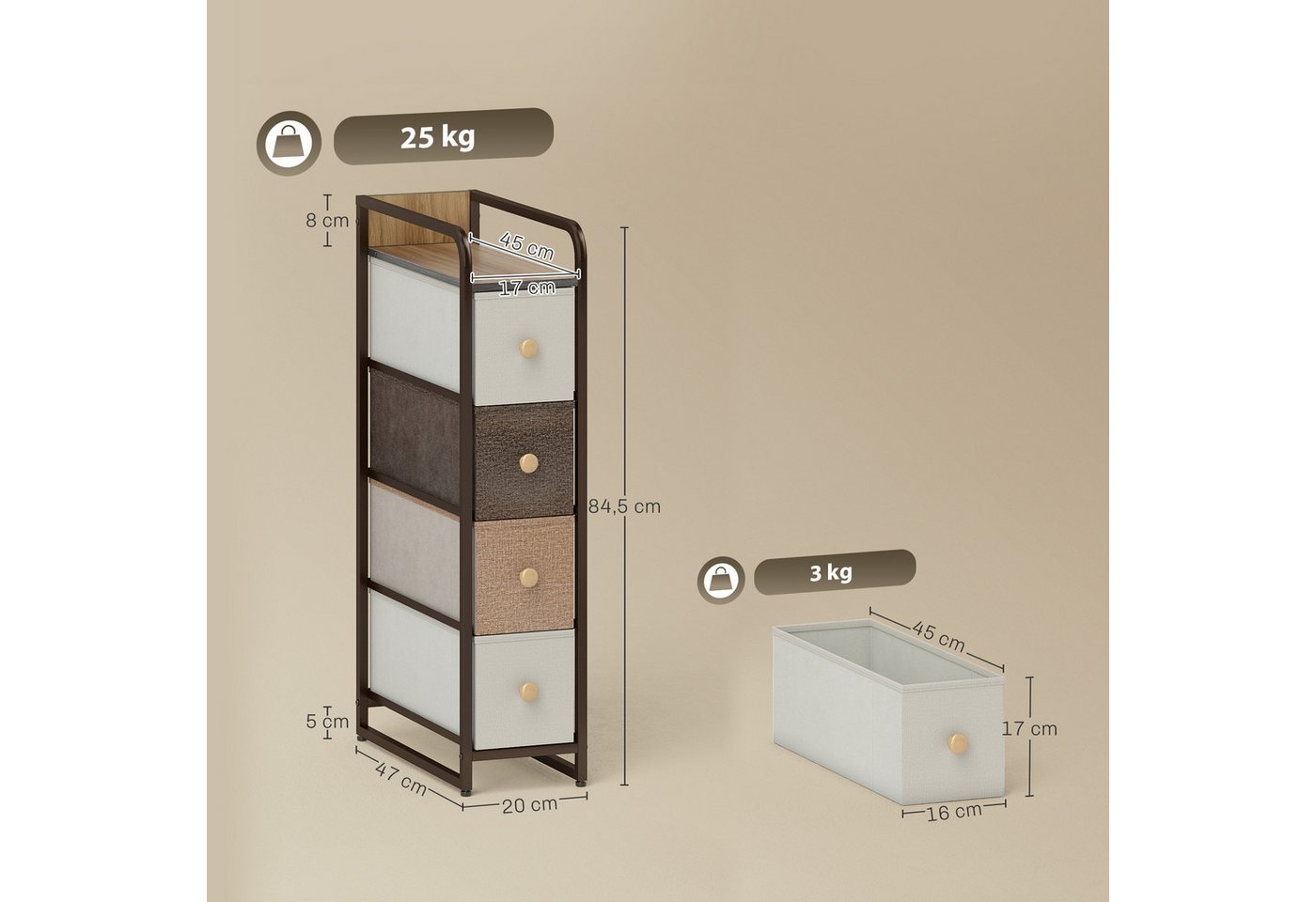 HOMCOM Kommode Schubladenschrank mit Stahlrahmen, Sideboard Mehrfarbig (Schrank mit 4 Schubladen, 1 St., Aufbewahrungsschrank), Schmal für Lücken – Bild 3 von 5