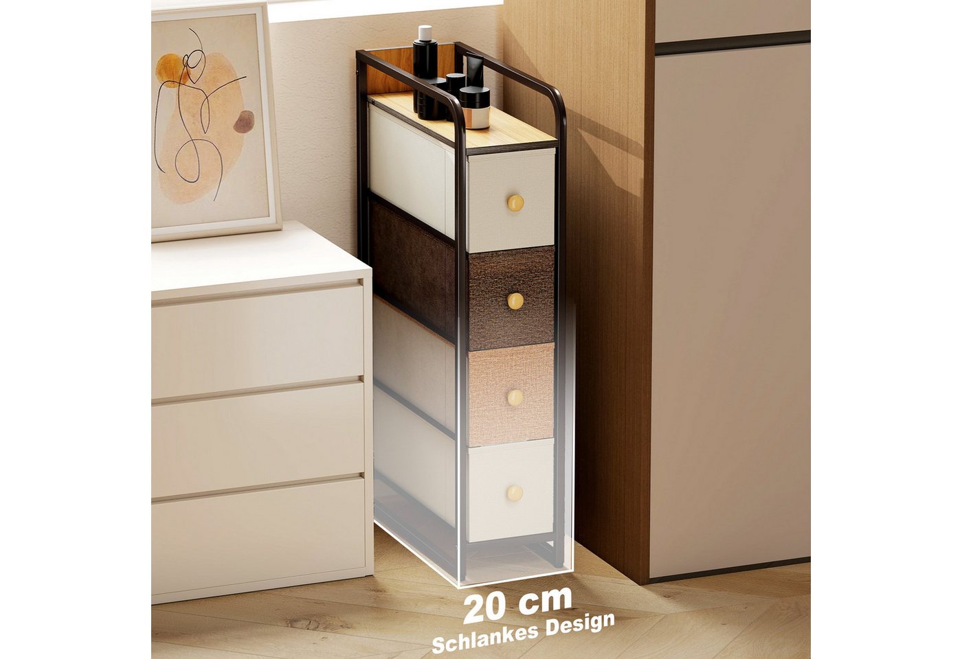 HOMCOM Kommode Schubladenschrank mit Stahlrahmen, Sideboard Mehrfarbig (Schrank mit 4 Schubladen, 1 St., Aufbewahrungsschrank), Schmal für Lücken – Bild 4 von 5