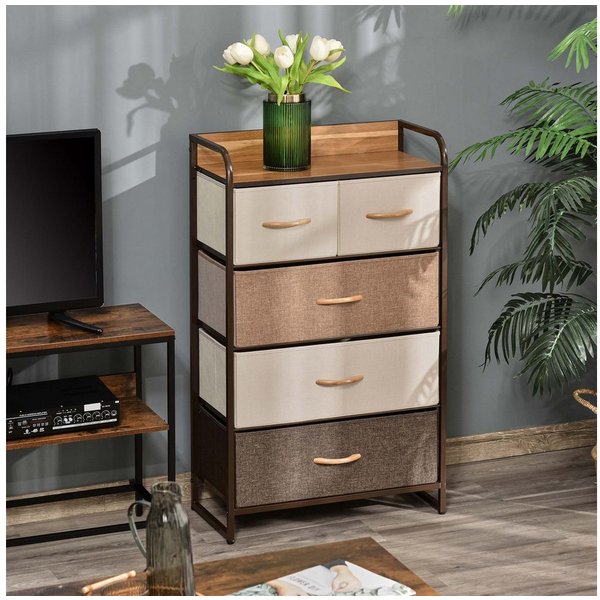 HOMCOM Kommode Sideboard, 5 Faltbare Stoff-Schubladen, Griff, Kippschutz (Aufbewahrungsschrank, 1 St., Kleiderschrank), für Wohnzimmer, Schlafzimmer, Braun