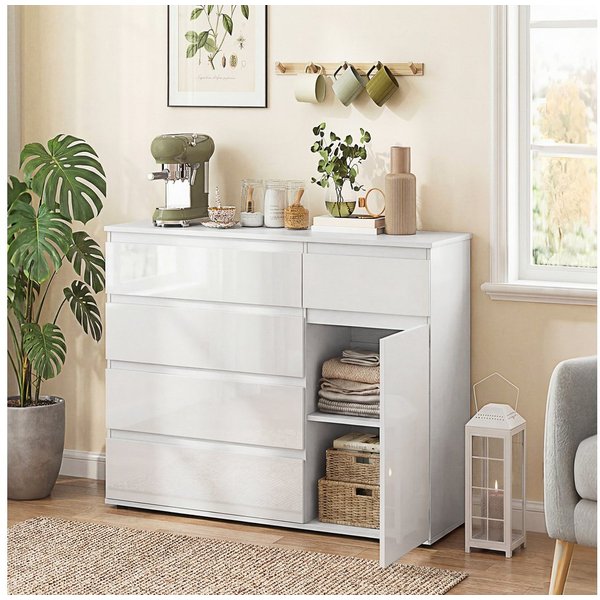 HOMCOM Kommode (Sideboard, 1 St., Aufbewahrungsschrank), Fünf Schubladen, ein Schrank, hochglanzweiß, Soft-Close