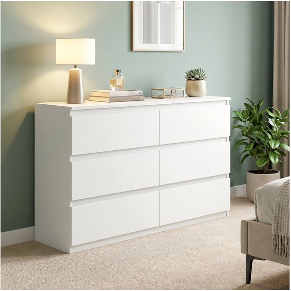 HOMCOM Kommode Sideboard mit 6 Schubladen (Schubladenschrank, 1 St., Schrank modern), für Wohnzimmer Schlafzimmer Flur Weiß, 112 x 34 x 75 cm