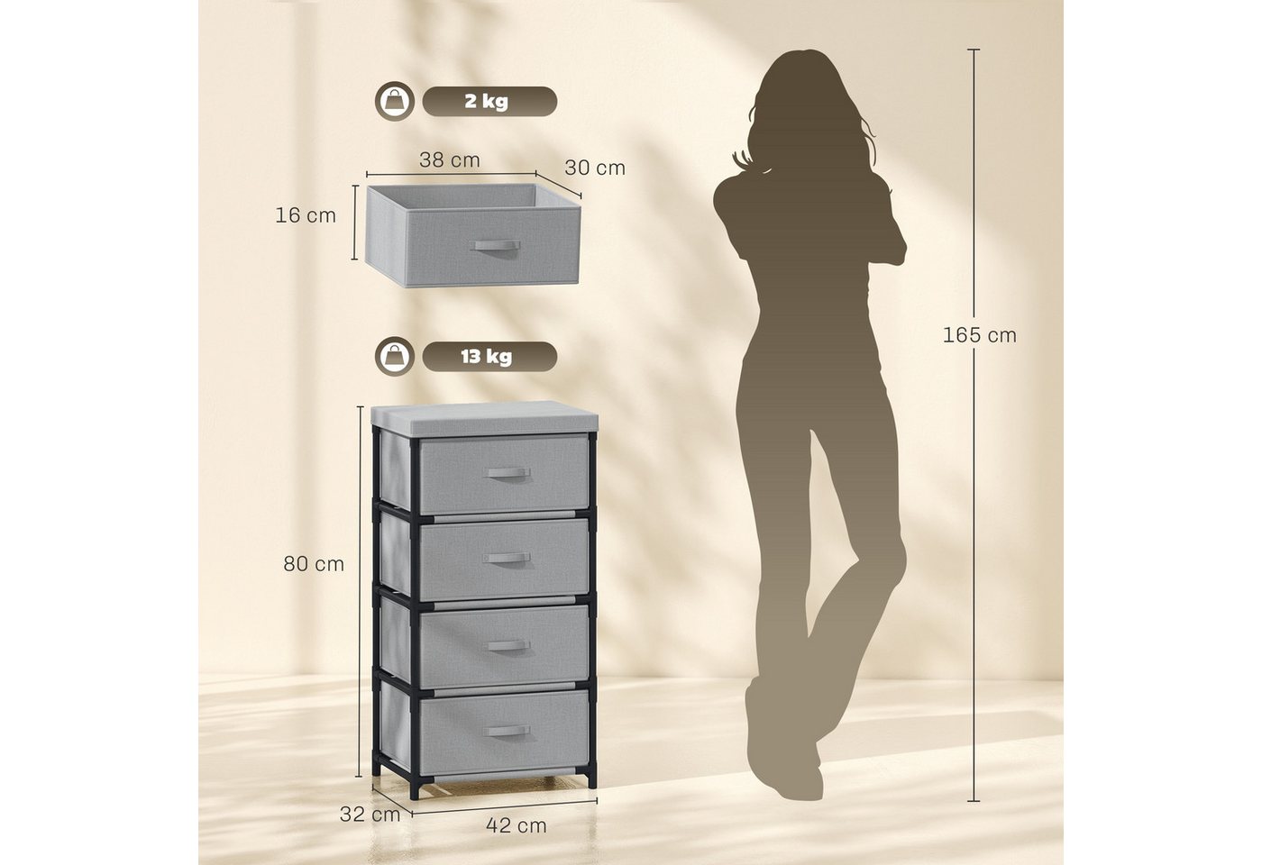 HOMCOM Kommode Sideboard mit Stahlrahmen (Set, 1 St., 1), 4 Schubladen, leicht, werkzeuglose Montage – Bild 3 von 5