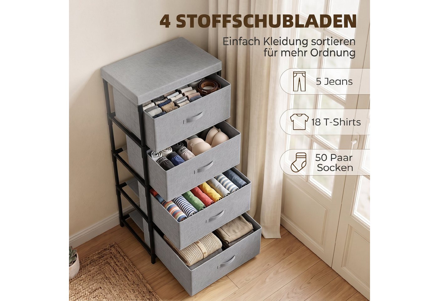 HOMCOM Kommode Sideboard mit Stahlrahmen (Set, 1 St., 1), 4 Schubladen, leicht, werkzeuglose Montage – Bild 4 von 5