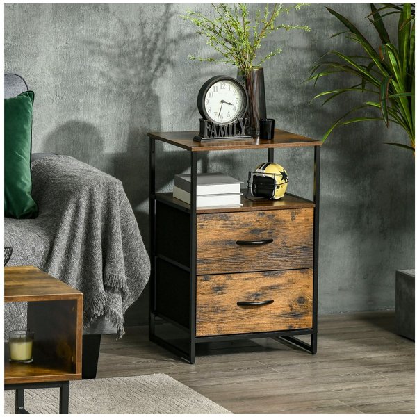 HOMCOM Kommode Stoff Aufbewahrungsschrank mit 2 Schubladen, Ablage Stahlgestell (Schubladenschrank, 1 St., mit Regal, Griff), für Wohnzimmer, Schlafzimmer, Rust