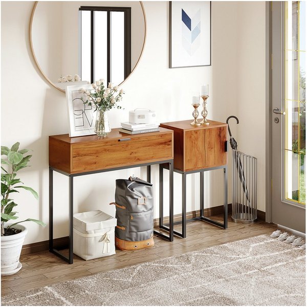 HOMCOM Konsolentisch Flurtisch mit Schrank, Beistelltisch im Modern-Design (Couchtisch, 1-St., Beistelltisch), Stahl, Natur, 40 x 30 x 76 cm