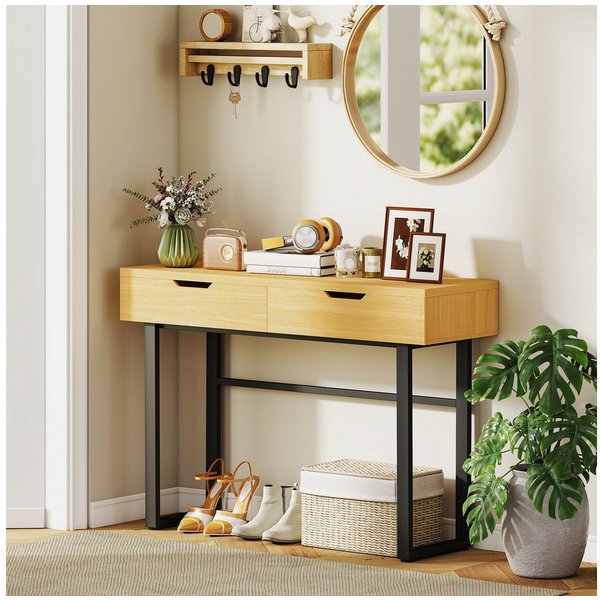 HOMCOM Konsolentisch Konsolentisch mit Industrie-Design, für Flur Wohnzimmer, Natur (Flurtisch, 1-St., Beistelltisch), Schmal, 2 Schubladen, Metallrahmen