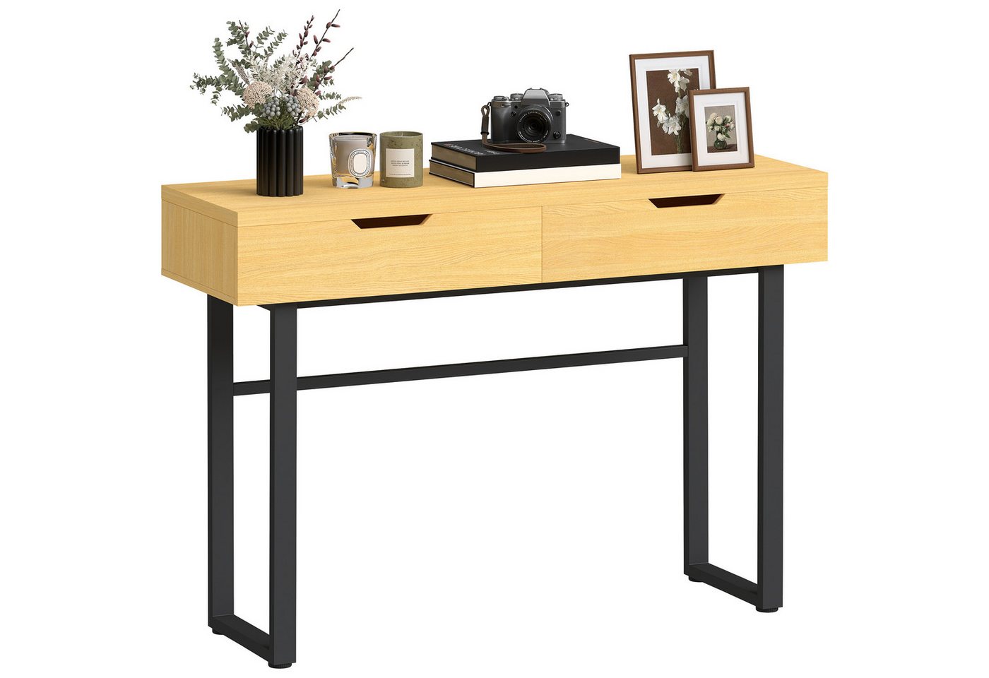 HOMCOM Konsolentisch Konsolentisch mit Industrie-Design, für Flur Wohnzimmer, Natur (Flurtisch, 1-St., Beistelltisch), Schmal, 2 Schubladen, Metallrahmen – Bild 2 von 5