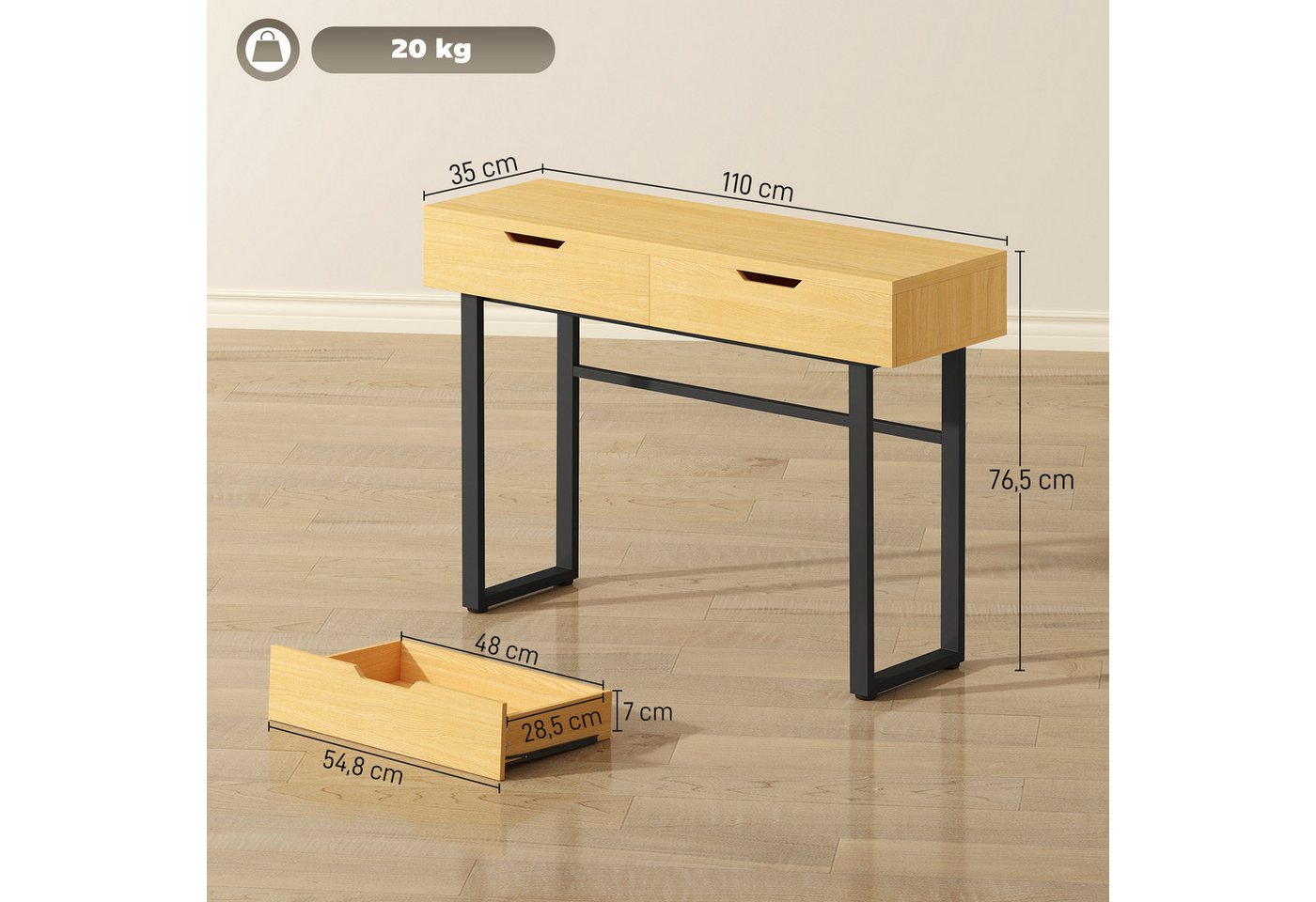 HOMCOM Konsolentisch Konsolentisch mit Industrie-Design, für Flur Wohnzimmer, Natur (Flurtisch, 1-St., Beistelltisch), Schmal, 2 Schubladen, Metallrahmen – Bild 3 von 5
