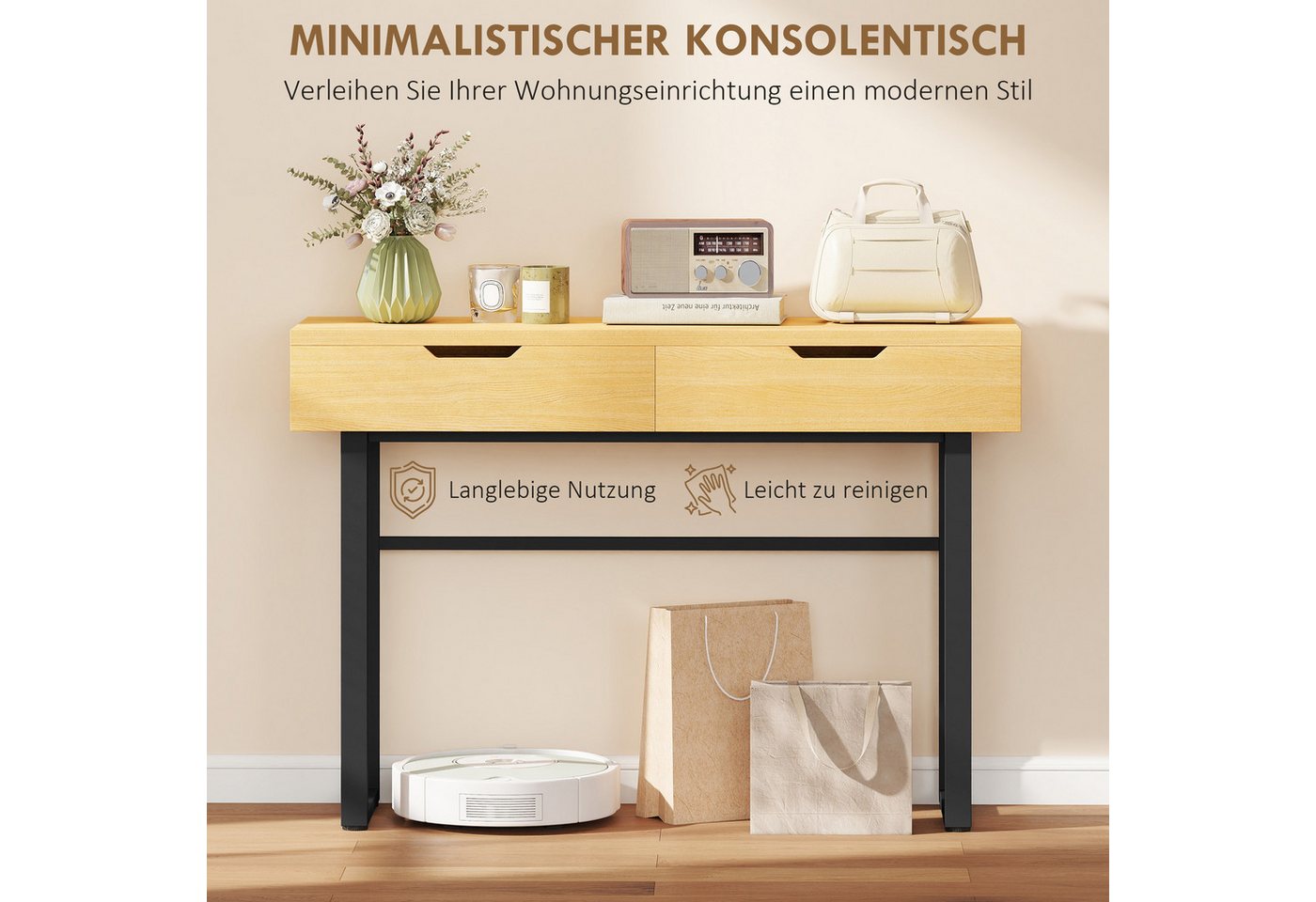 HOMCOM Konsolentisch Konsolentisch mit Industrie-Design, für Flur Wohnzimmer, Natur (Flurtisch, 1-St., Beistelltisch), Schmal, 2 Schubladen, Metallrahmen – Bild 4 von 5