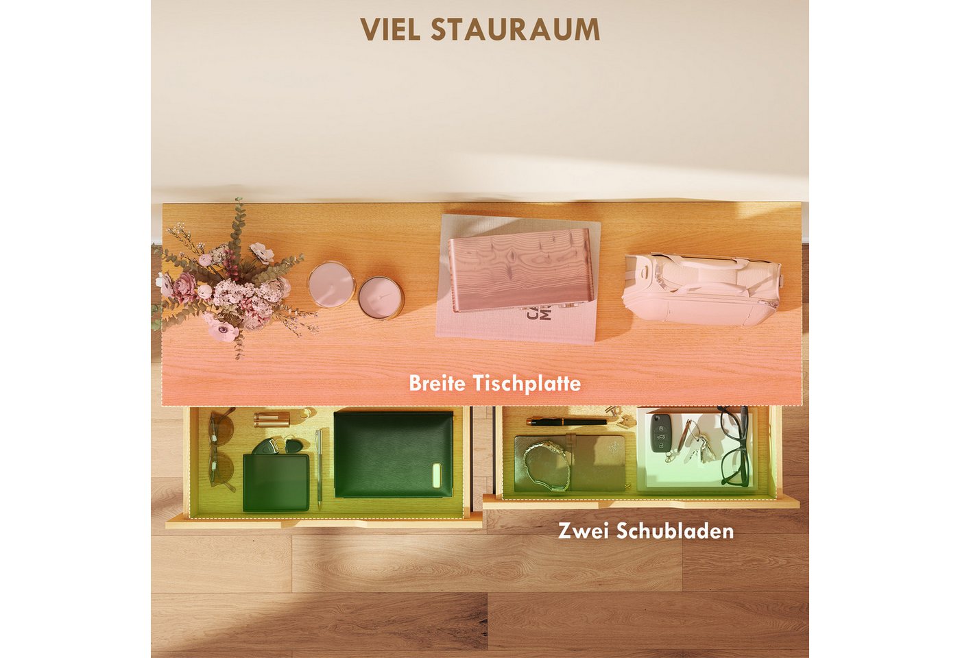 HOMCOM Konsolentisch Konsolentisch mit Industrie-Design, für Flur Wohnzimmer, Natur (Flurtisch, 1-St., Beistelltisch), Schmal, 2 Schubladen, Metallrahmen – Bild 5 von 5