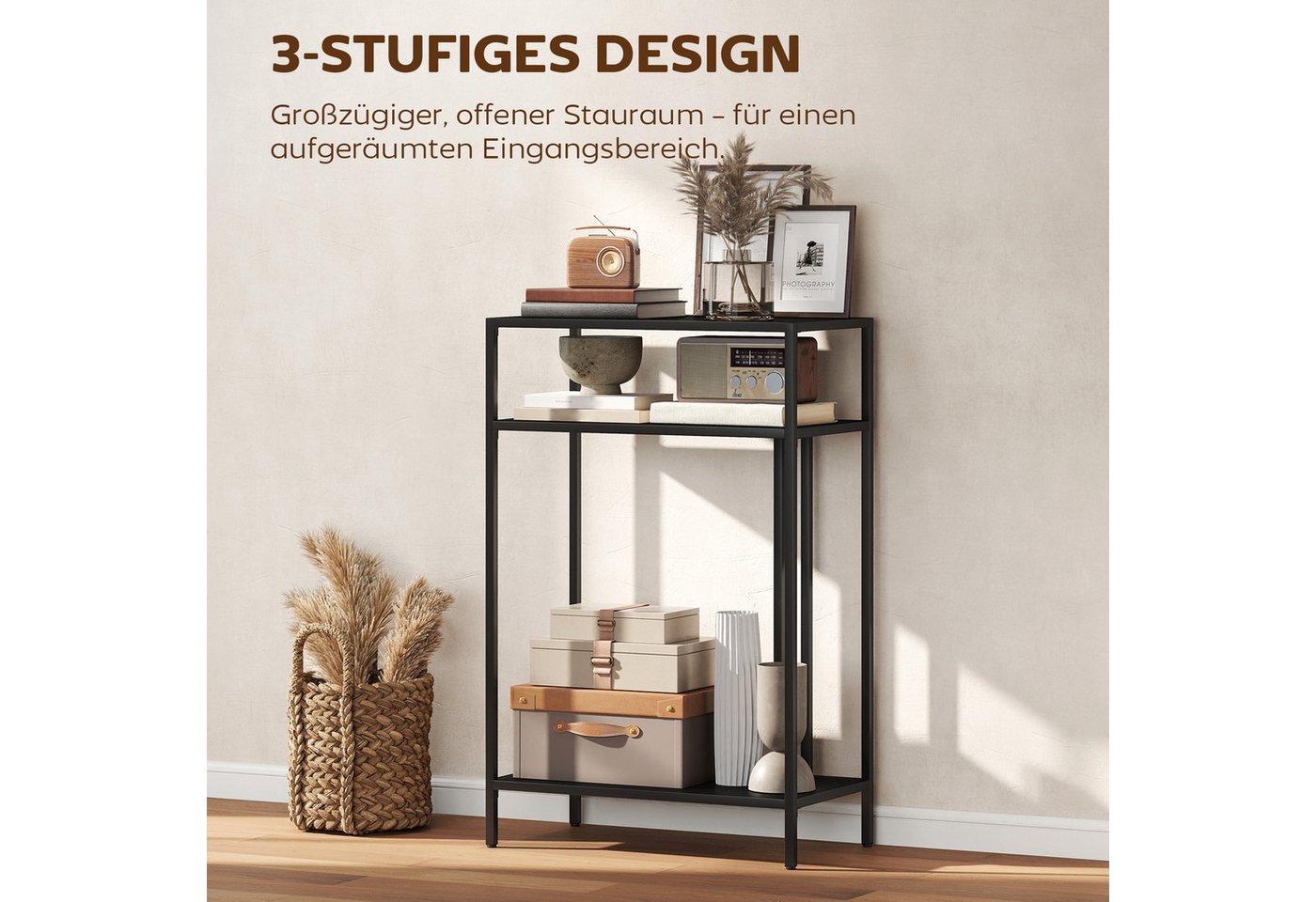 HOMCOM Konsolentisch Schmaler Flurtisch mit 3 Ebenen, Beistelltisch in Schwarz (Schmaler Flurtisch, 1-St., Beistelltisch), schmaler Konsolentisch, reine Metallk – Bild 4 von 5