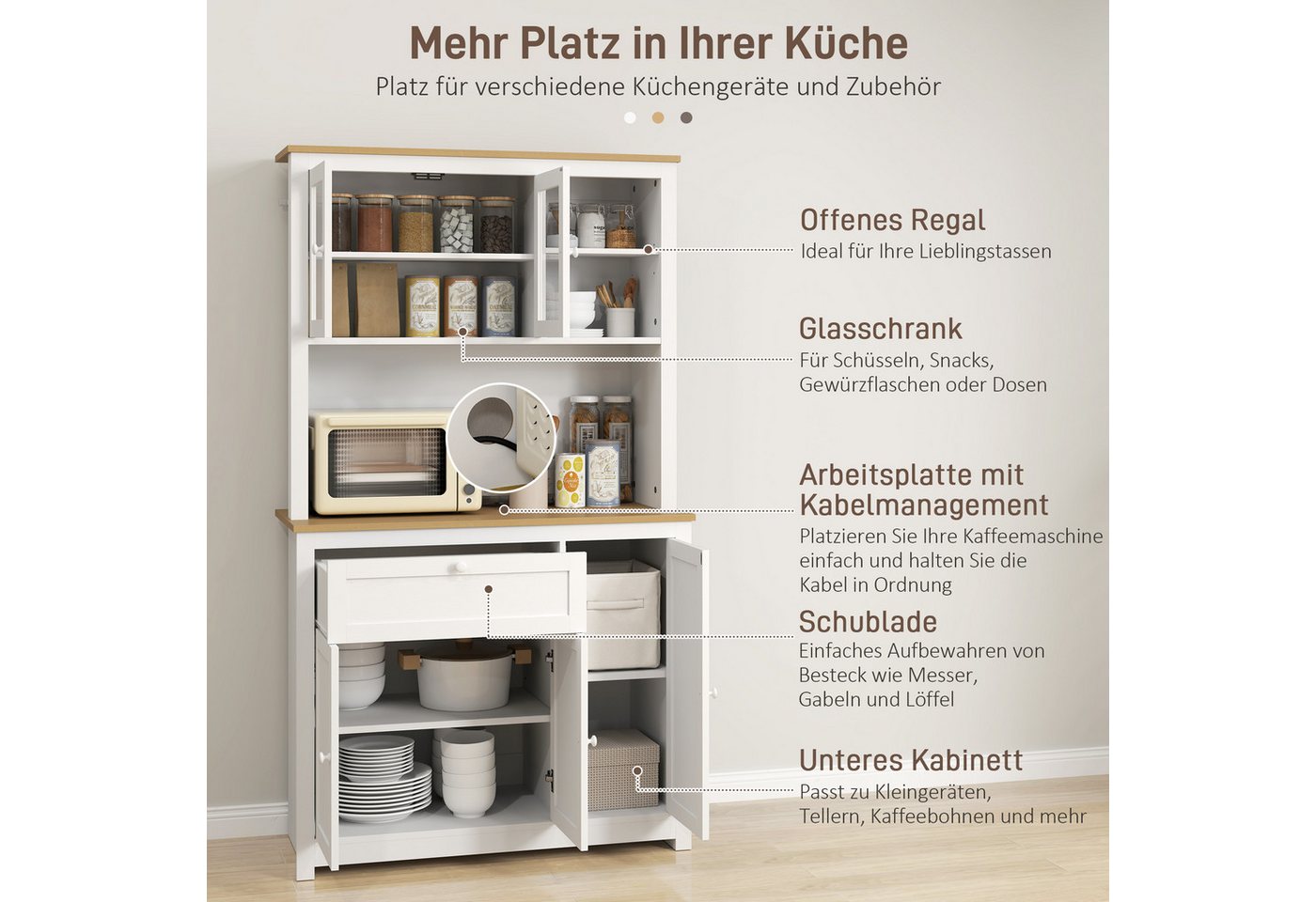 HOMCOM Küchenbuffet Hochschrank mit Arbeitsplatte, 5 Türen und Schublade Vorratsschrank (Küchenschrank, 1-St., Küchenschrank) Kabeldurchlass und verstellbare Ei – Bild 4 von 5