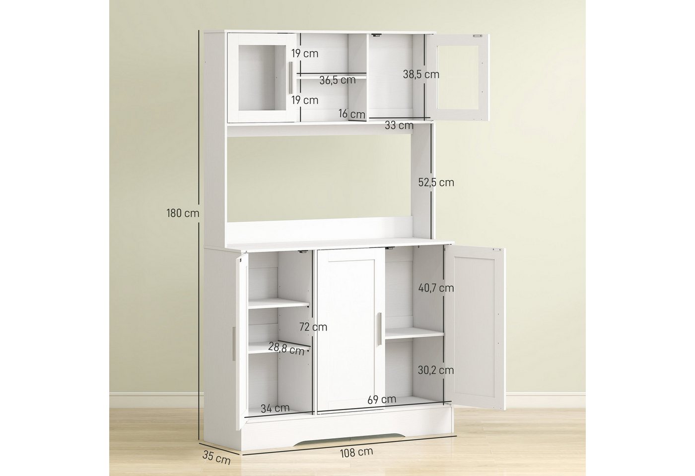 HOMCOM Küchenbuffet Hochschrank mit Arbeitsplatte, Vorratsschrank mit Glastüren (Aufbewahrungsschrank, 1-St., Küchenschrank) Skandinavisches Design, Weiß – Bild 3 von 5