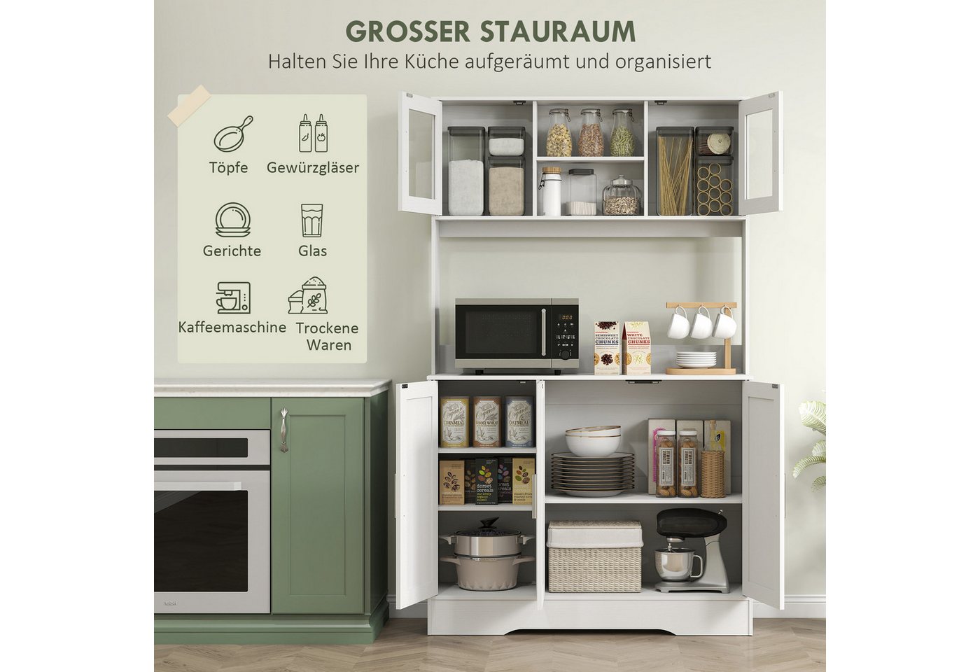 HOMCOM Küchenbuffet Hochschrank mit Arbeitsplatte, Vorratsschrank mit Glastüren (Aufbewahrungsschrank, 1-St., Küchenschrank) Skandinavisches Design, Weiß – Bild 4 von 5